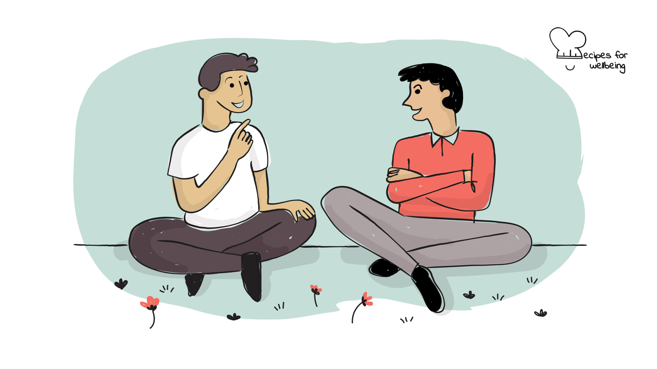 36 Qs for increasing closeness Illustration of two males sitting on the grass talking intensely to each other. © Recipes for Wellbeing