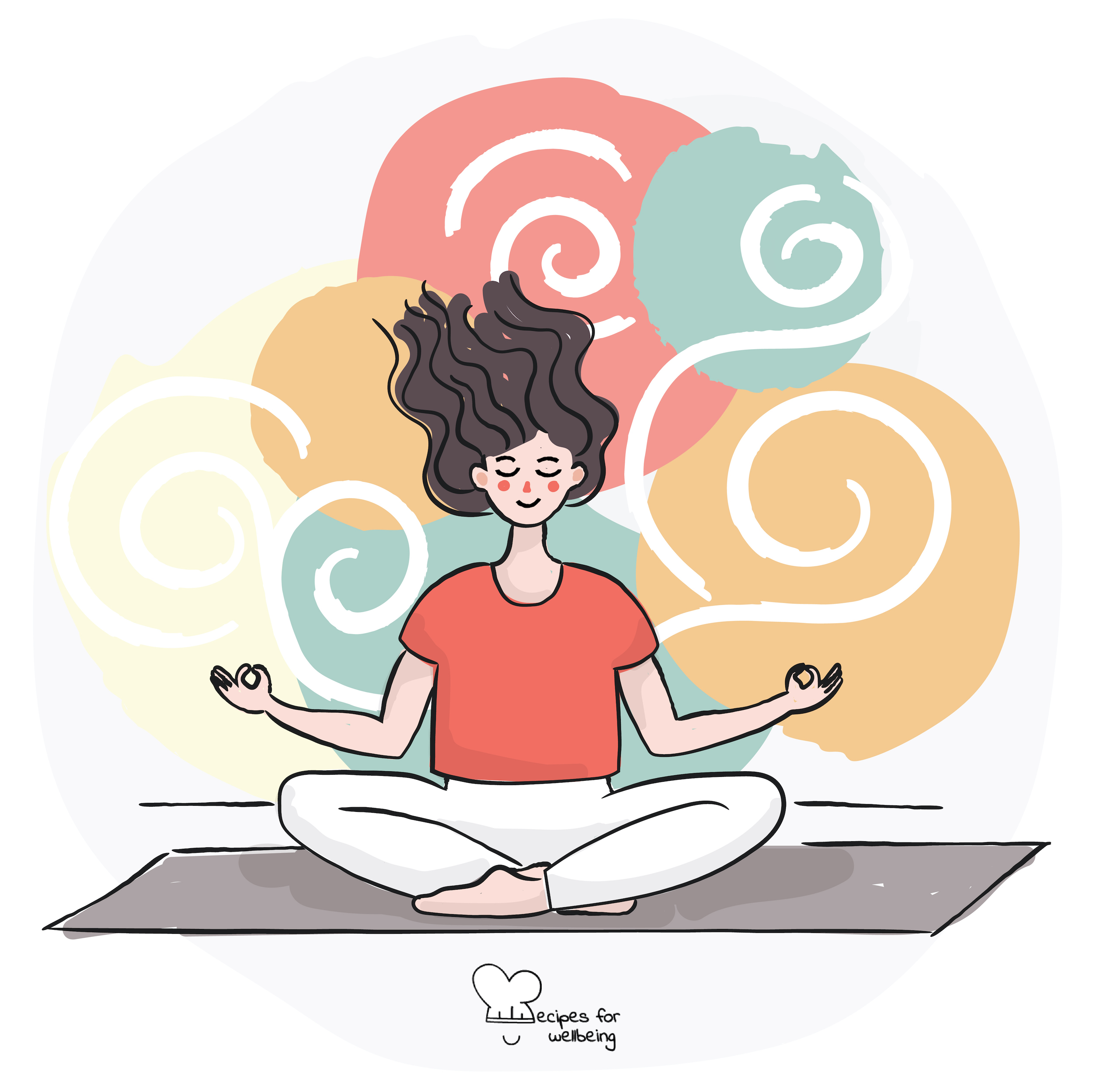 Illustration of a female sitting on a mat in a meditative pose with colours surrounding the figure. © Recipes for Wellbeing