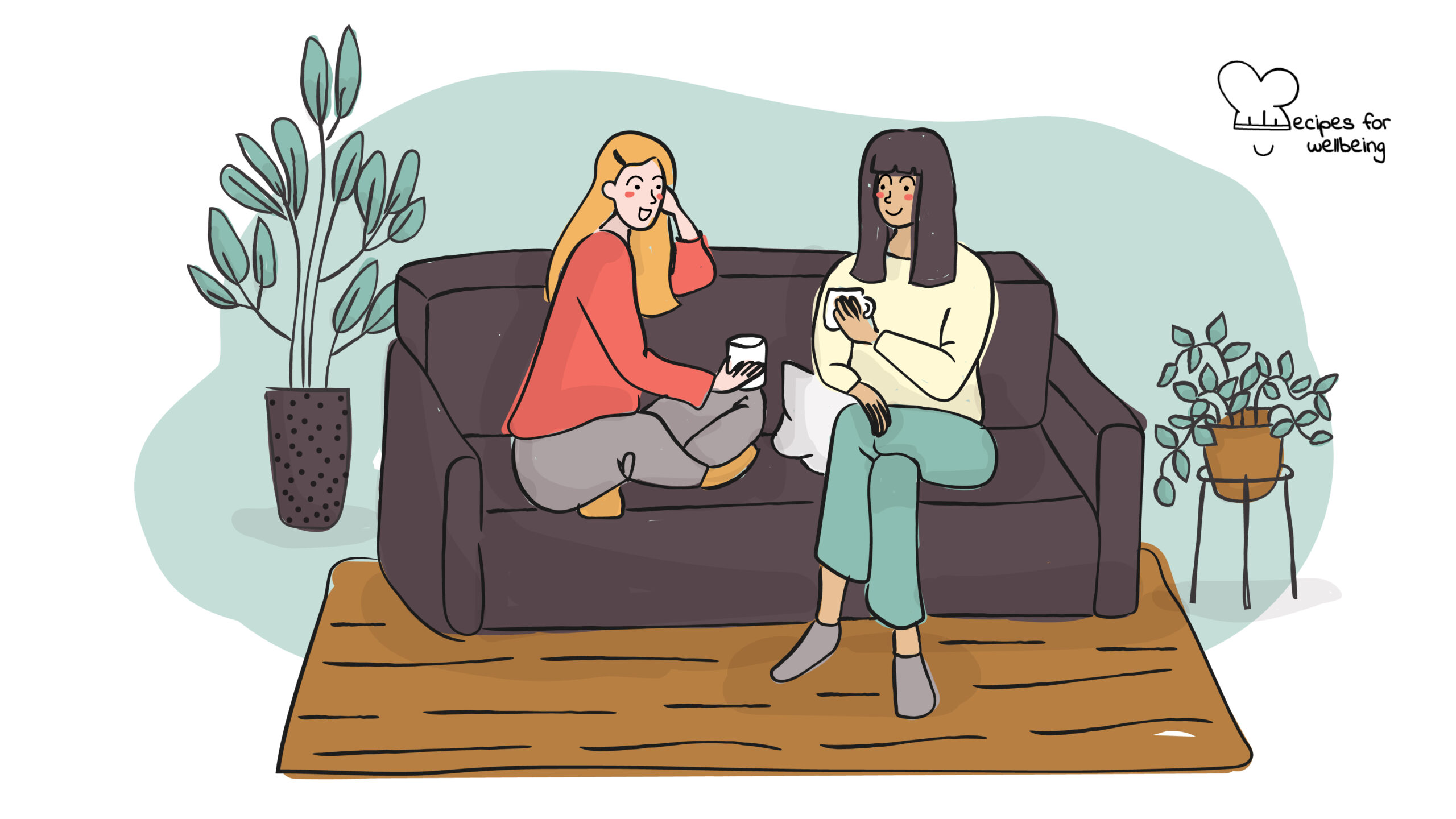 Active listening Illustration of two womxn sitting on a couch talking to each other. © Recipes for Wellbeing