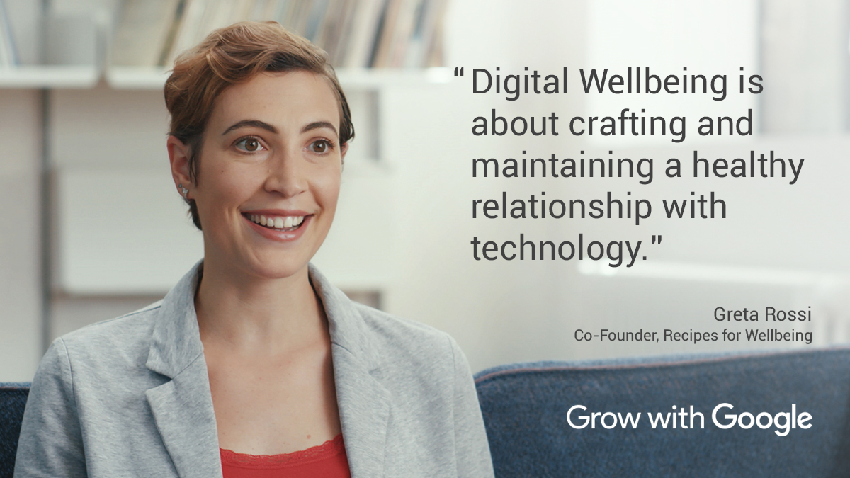 Headshot of Greta Rossi, co-founder of Recipes for Wellbeing, with a quote from the Digital Wellbeing course: "Digital Wellbeing is about crafting and maintaining a healthy relationship with technology."