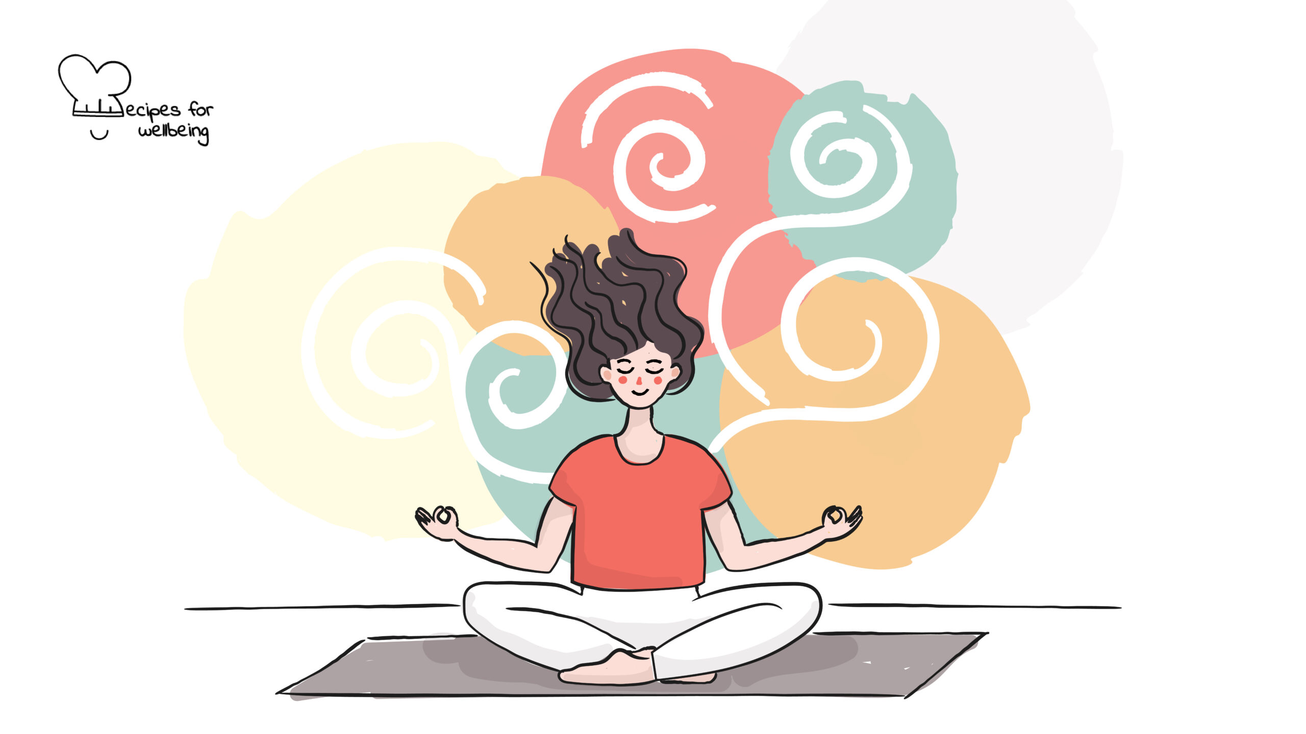 Colour-breathing meditation Illustration of a female sitting on a mat in a meditative pose with colours surrounding the figure. © Recipes for Wellbeing