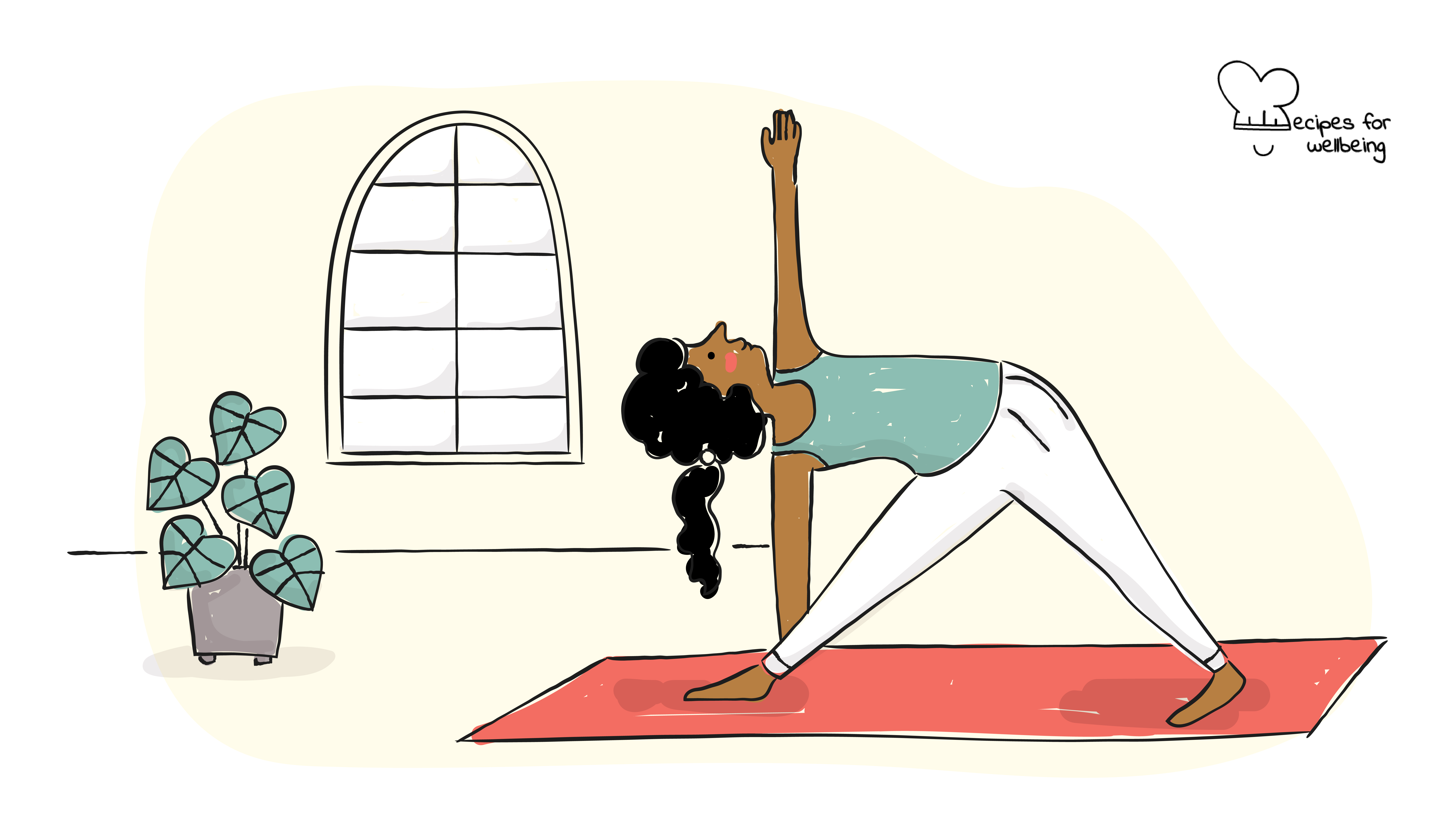 Gentle morning flow Illustration of a womxn in the Utthita Trikonasana pose (triangle pose). © Recipes for Wellbeing