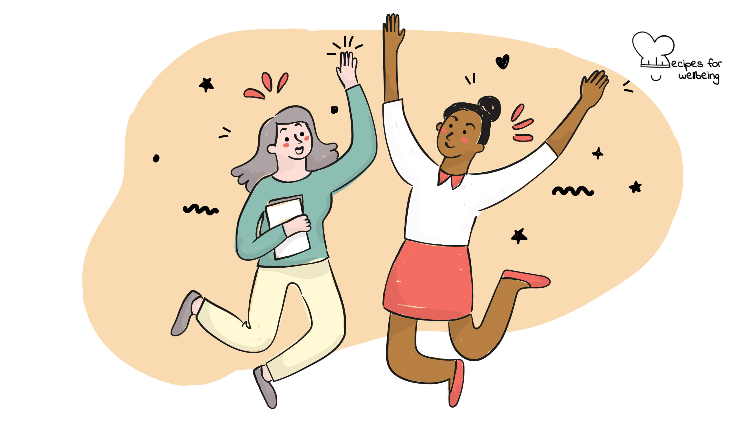10 ways to enjoy happiness at work Illustration of a pair of females jumping cheerfully. © Recipes for Wellbeing