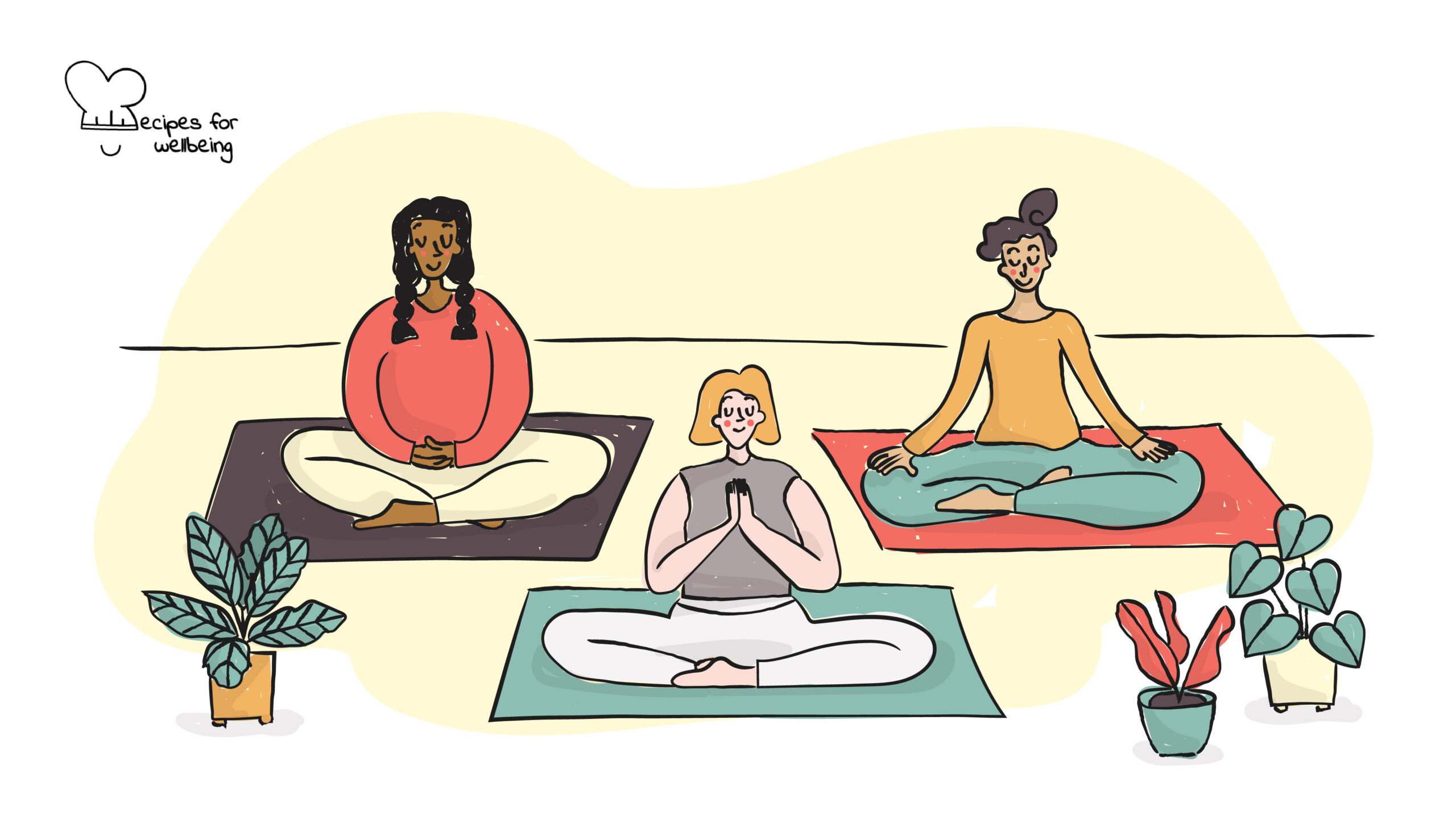4-7-8 breathing technique Illustration of three womxn sitting cross-legged on yoga mats in a meditative pose. © Recipes for Wellbeing
