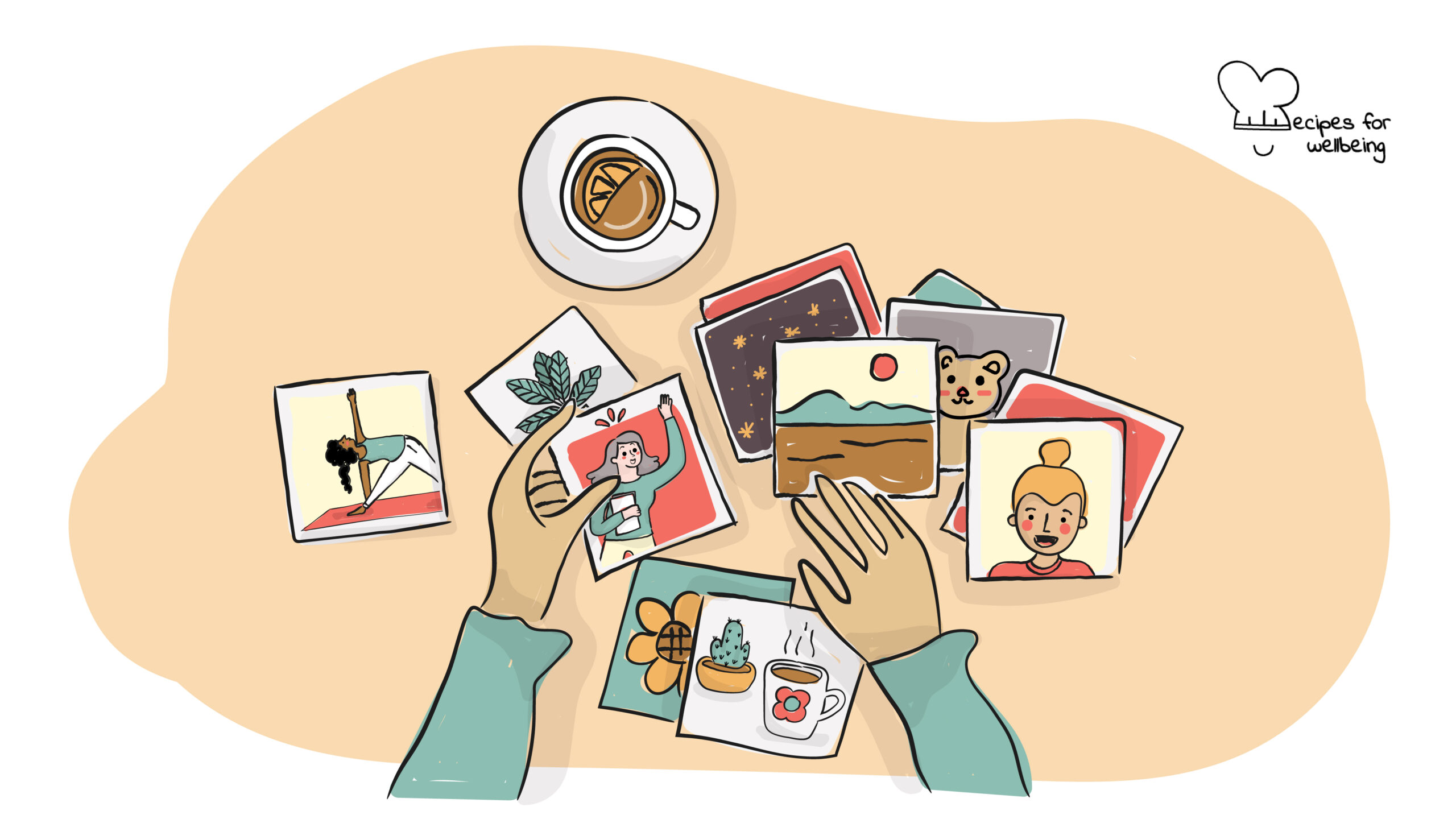 A picture says a thousand words Illustration of a pair of hands going through a set of pictures. © Recipes for Wellbeing