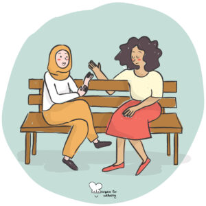 A way into your purpose Illustration of two womxn sitting on a bench talking to each other. © Recipes for Wellbeing