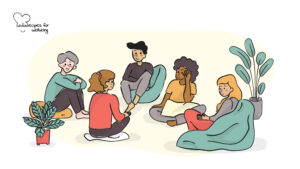 Action learning set Illustration of a group of young people sitting on the floor talking to each other. © Recipes for Wellbeing