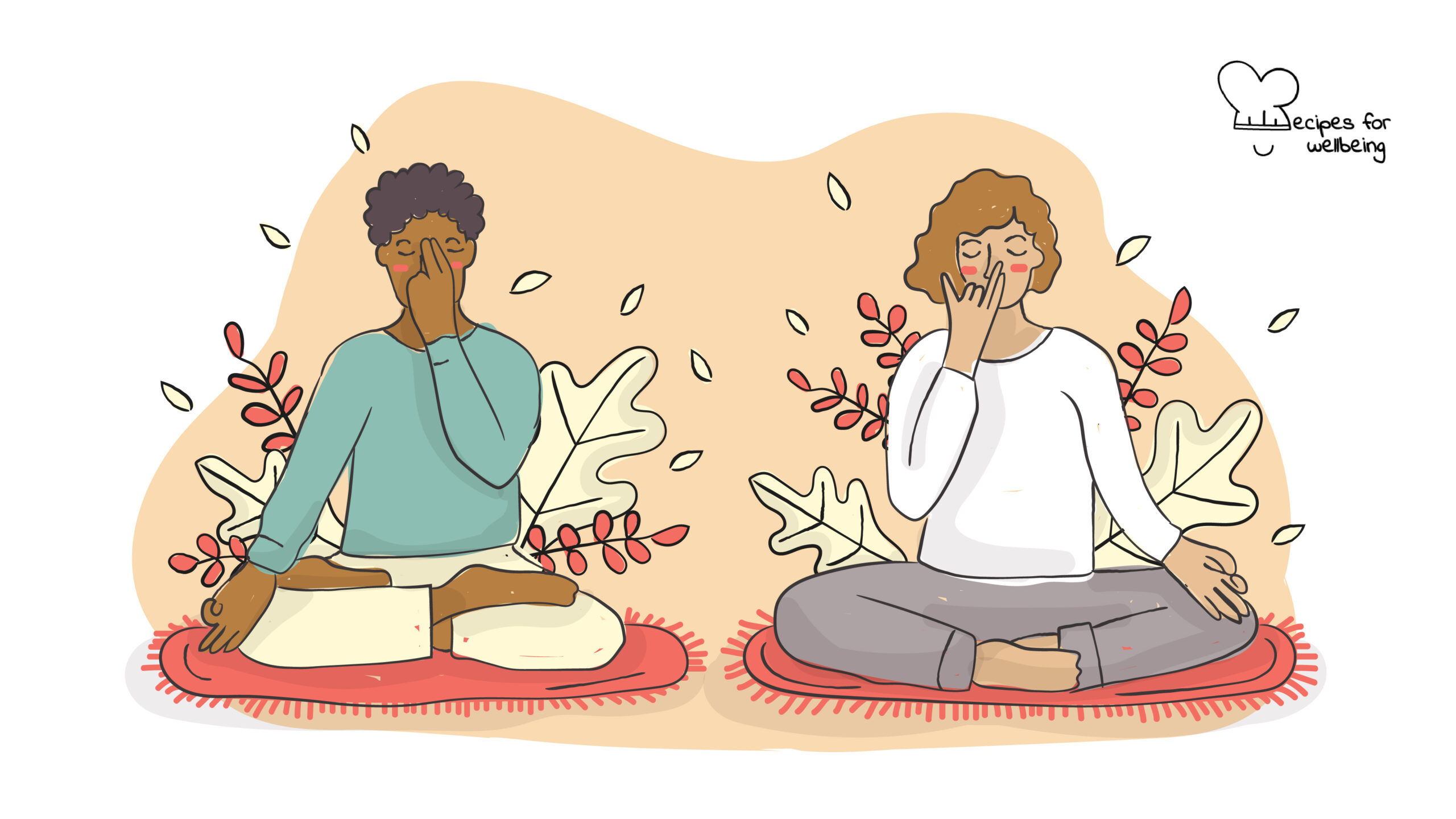 Alternate nostril breathing Illustration of two people sitting on the floor practicing a pranayama meditation. © Recipes for Wellbeing