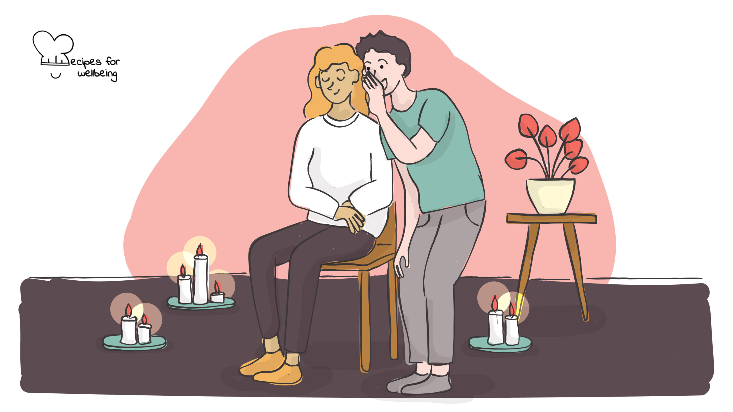 Appreciation shower Illustration of a person sitting on a chair with closed eyes and another one standing behind them whispering something in their ear. © Recipes for Wellbeing