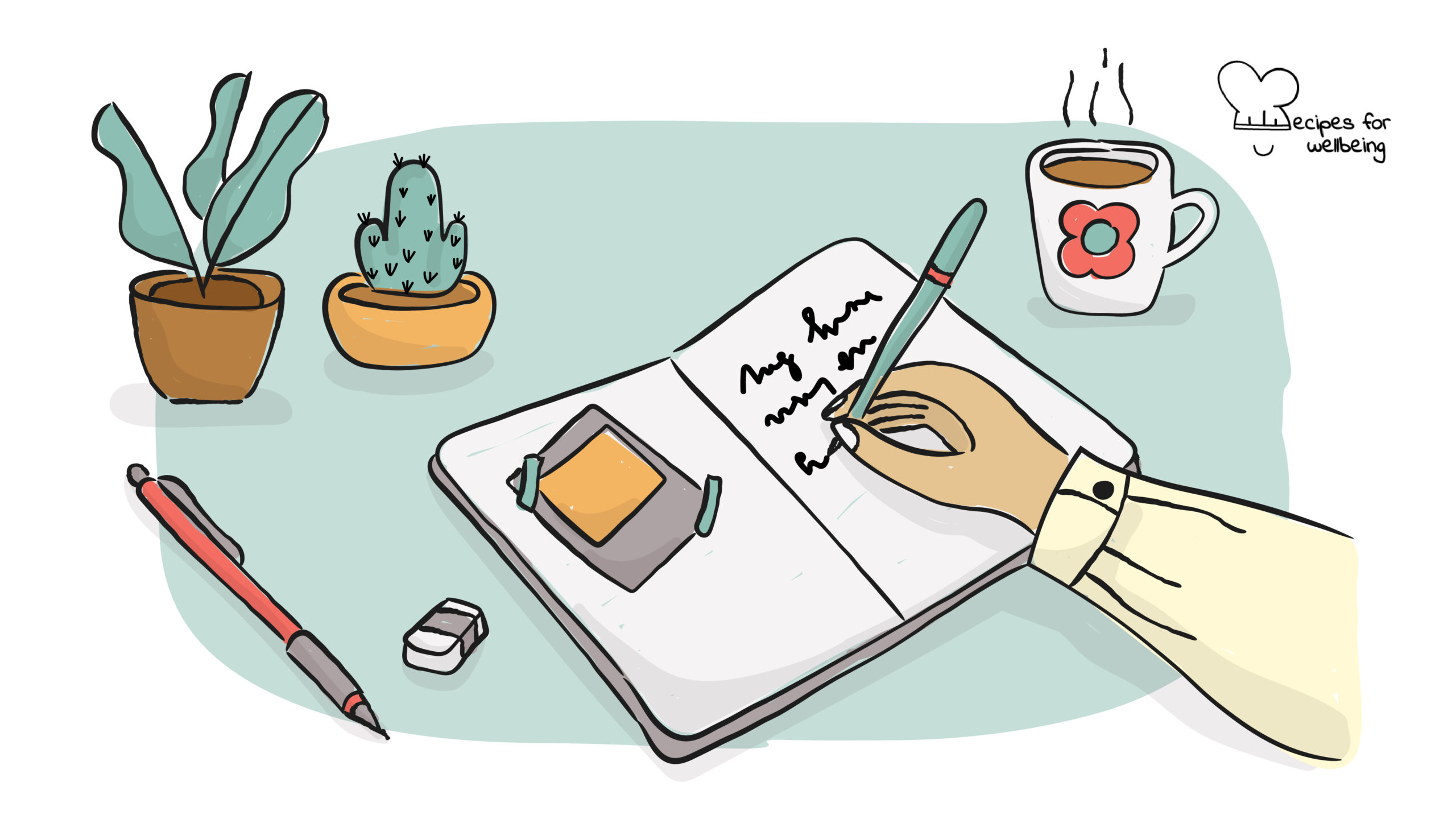 Belief change process Illustration of a person's hand writing in a notebook. © Recipes for Wellbeing