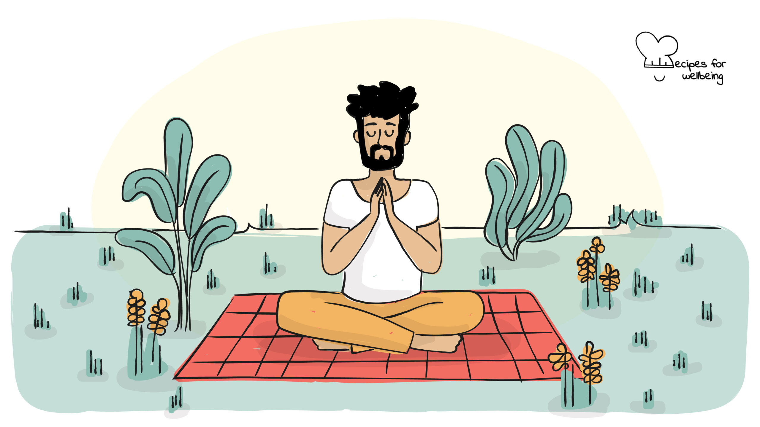 Body scan meditation Illustration of a person sitting cross-legged on the grass in a meditative pose. © Recipes for Wellbeing