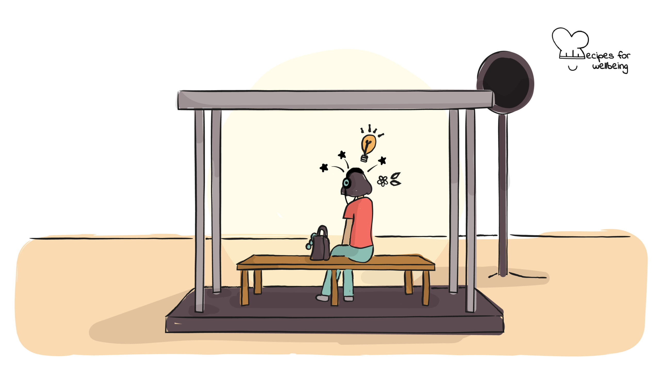 Bored and brilliant Illustration of a person on a bench with headphones on. © Recipes for Wellbeing