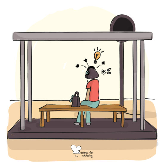 Illustration of a person on a bench with headphones on. © Recipes for Wellbeing