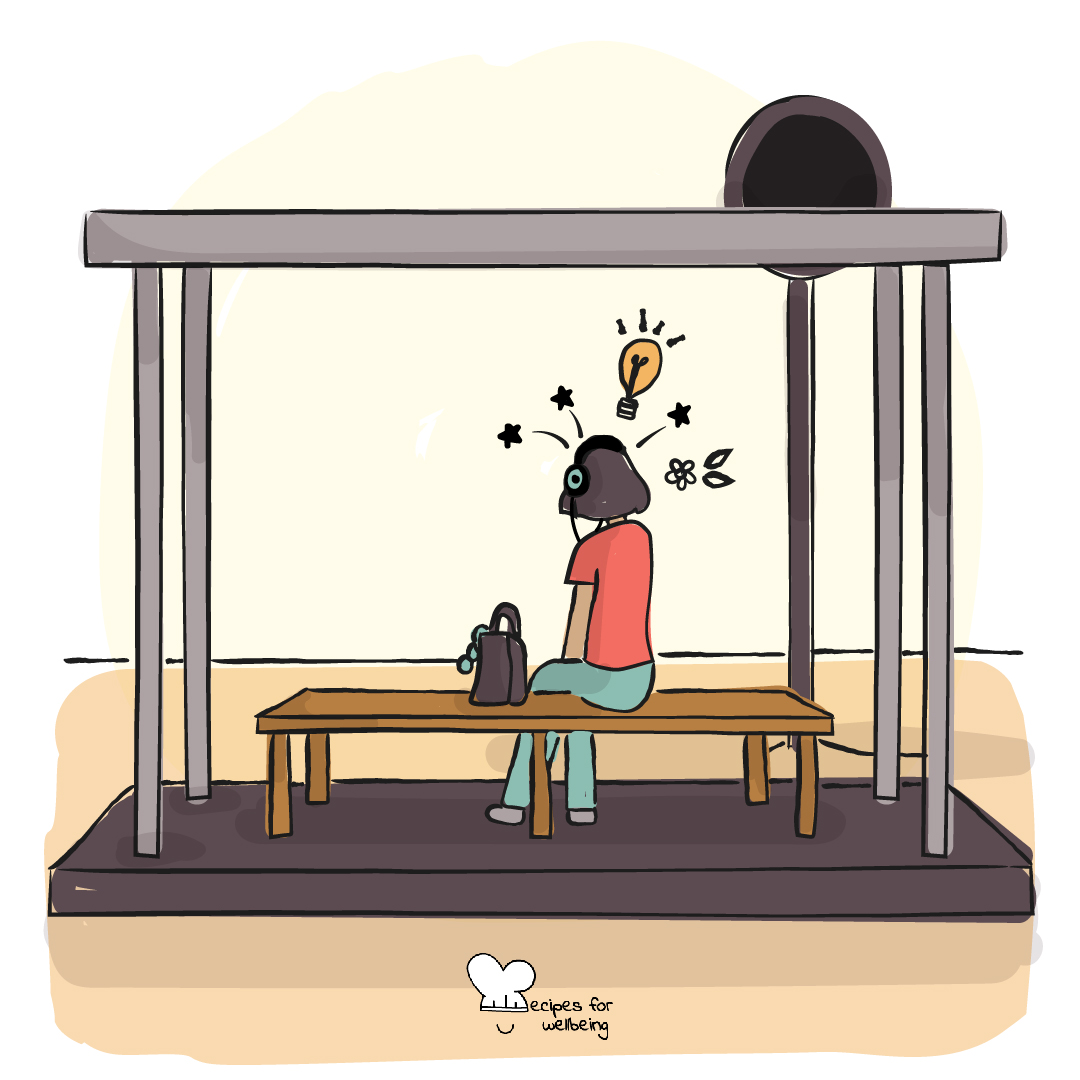 Illustration of a person on a bench with headphones on. © Recipes for Wellbeing