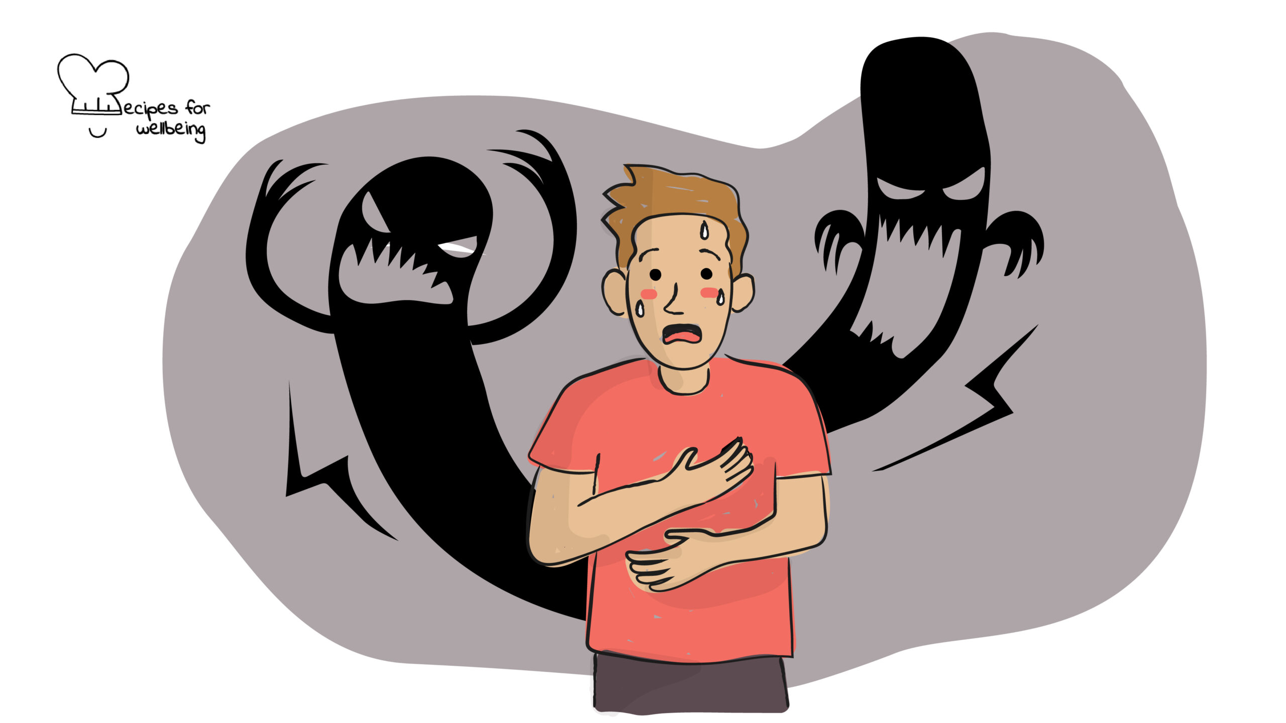 Calm your nerves Illustration of a person in an anxious state with two dark shadows lurking behind. © Recipes for Wellbeing