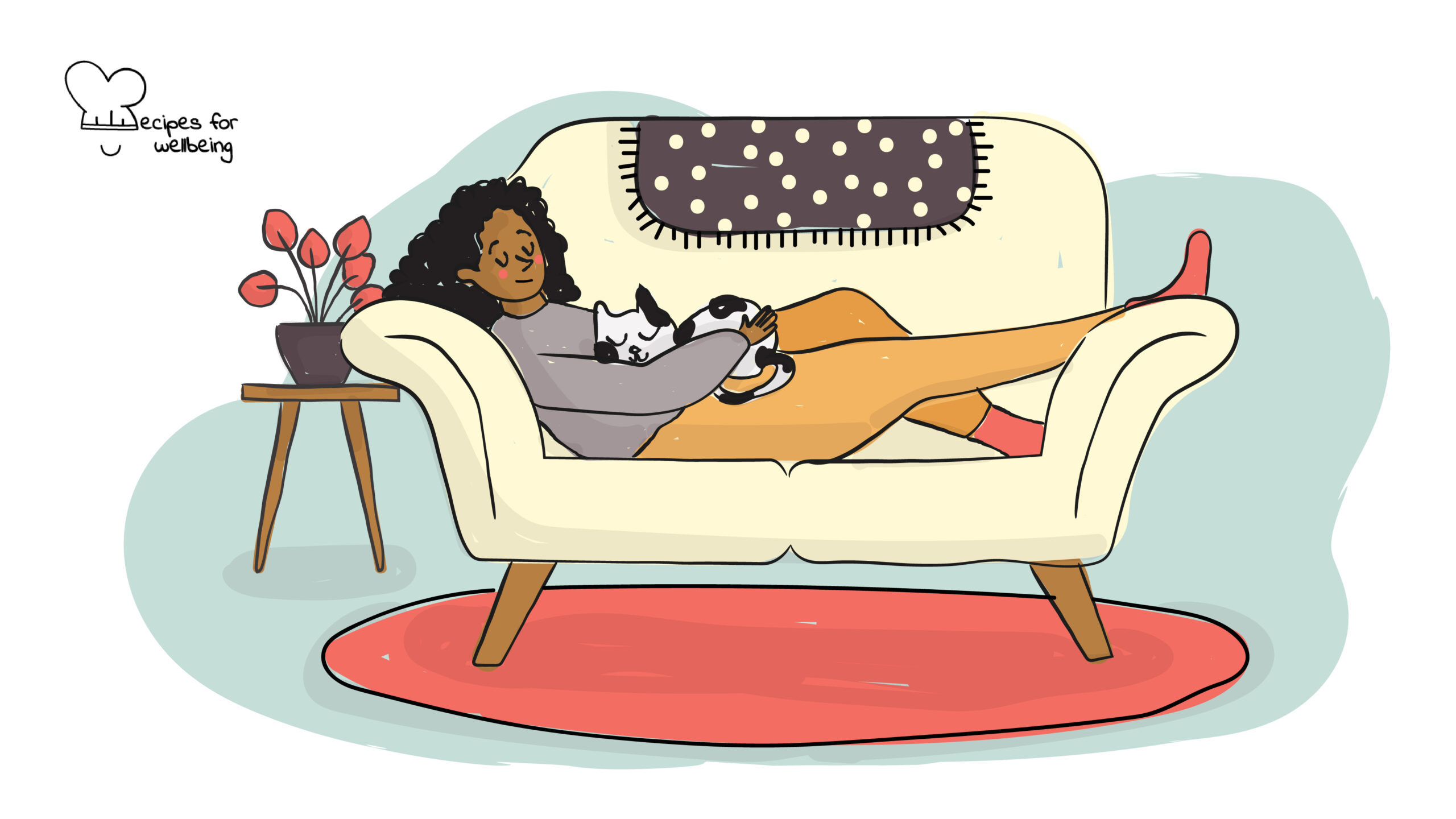 CBT strategies to help you sleep Illustration of a person resting on a couch with a cat on the lap. © Recipes for Wellbeing