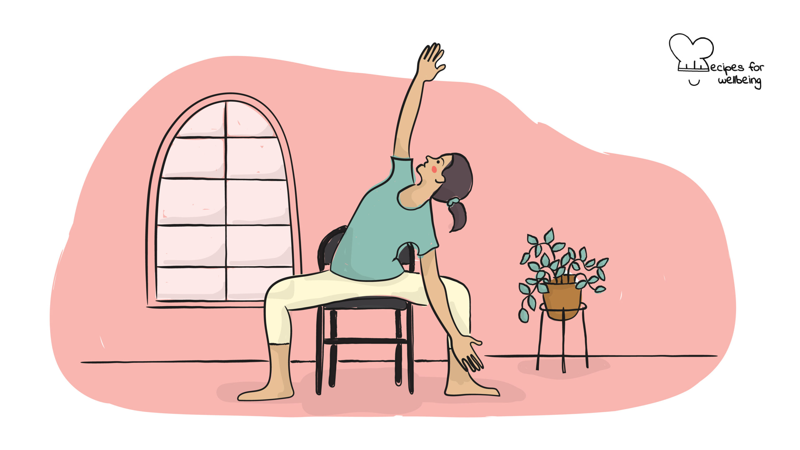 Chair yoga Illustration of a person sitting on a chair in a yoga pose. © Recipes for Wellbeing