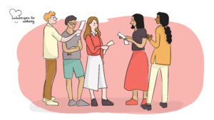 Collaboration questions Illustration of a group of people standing and talking to each other. © Recipes for Wellbeing