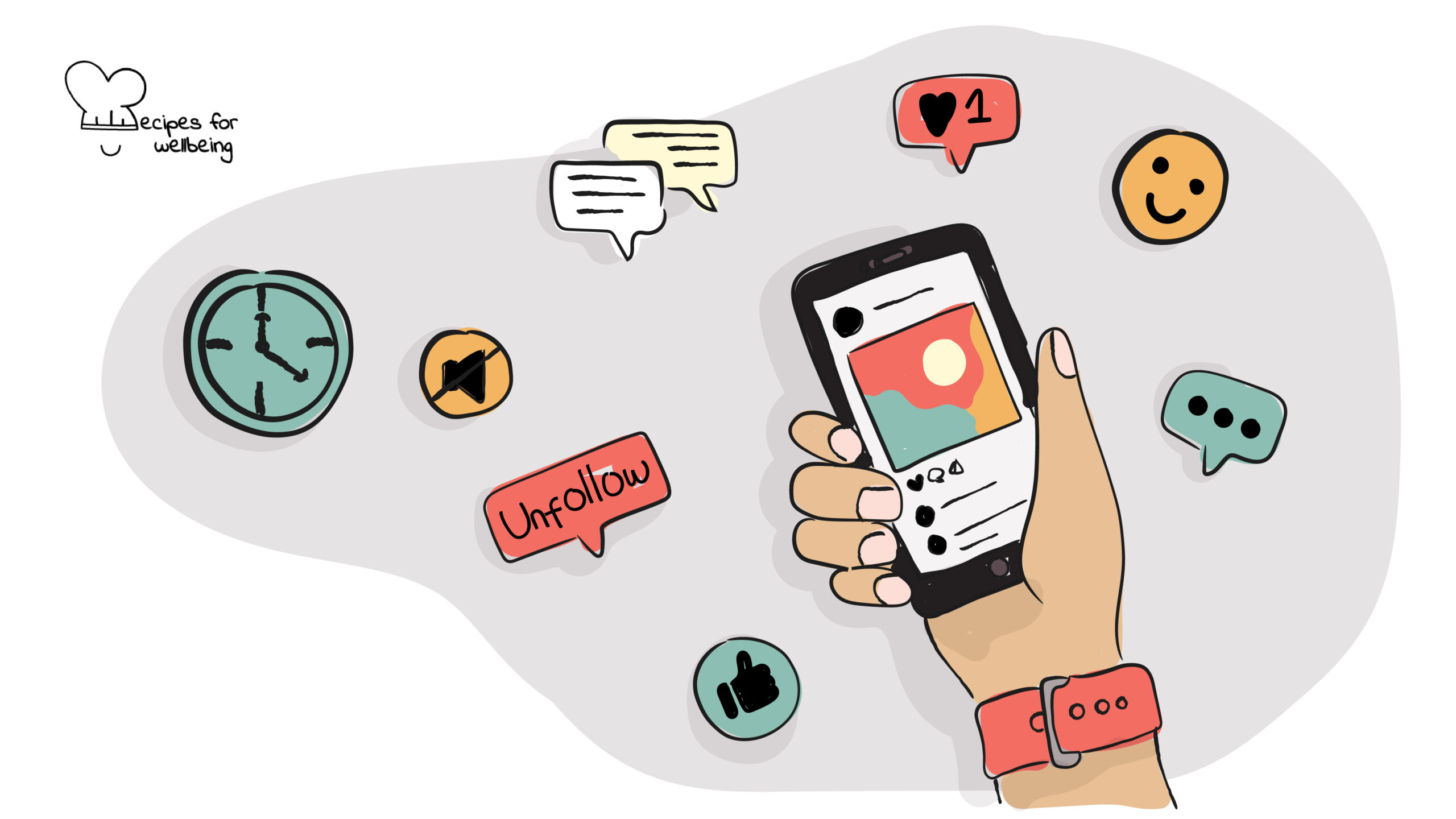 Controlling your social media feeds Illustration of hand holding a smartphone. © Recipes for Wellbeing