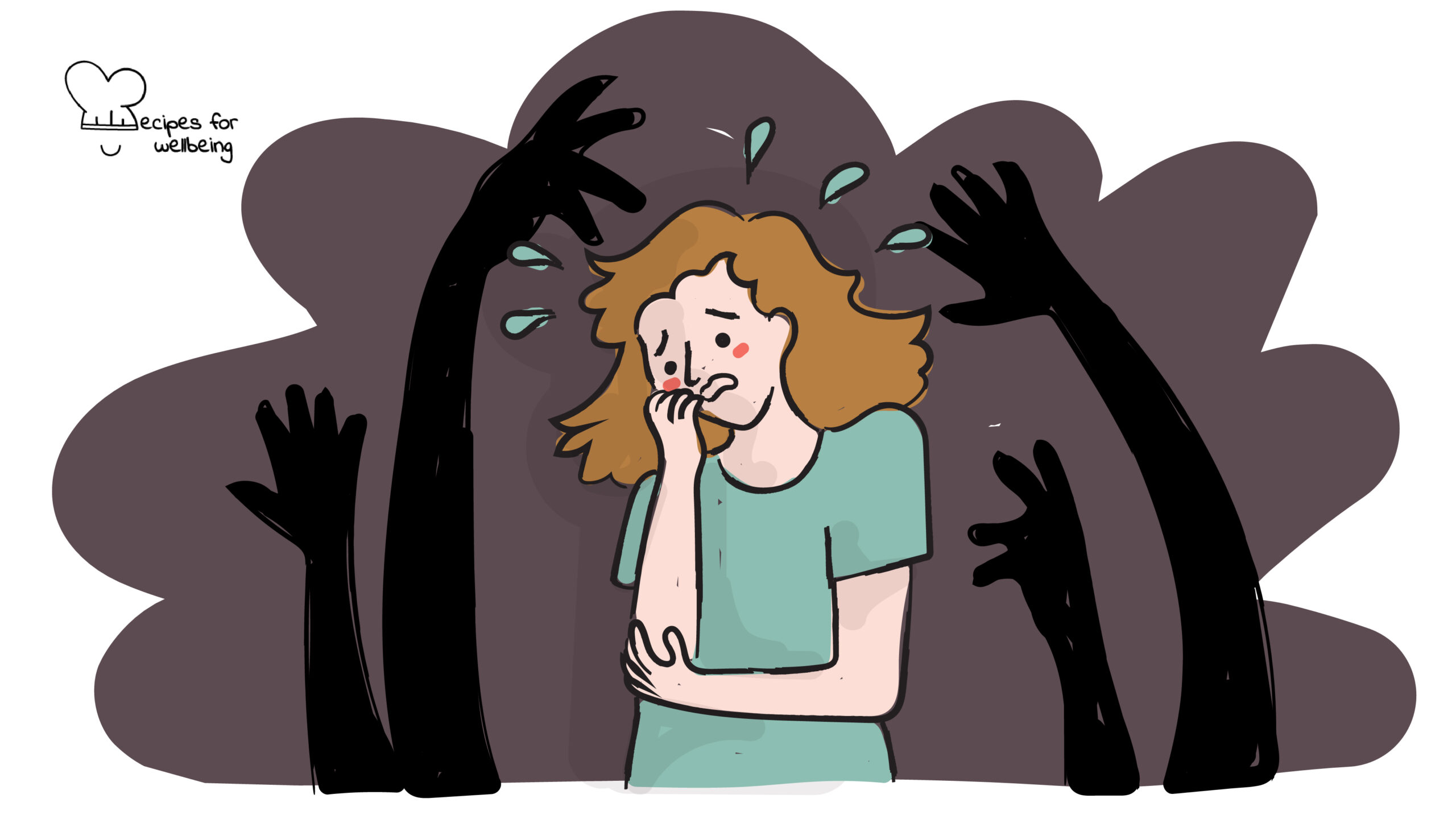 Coping with panic attacks Illustration of a person in an anxious state with four dark arms and hands lurking behind. © Recipes for Wellbeing