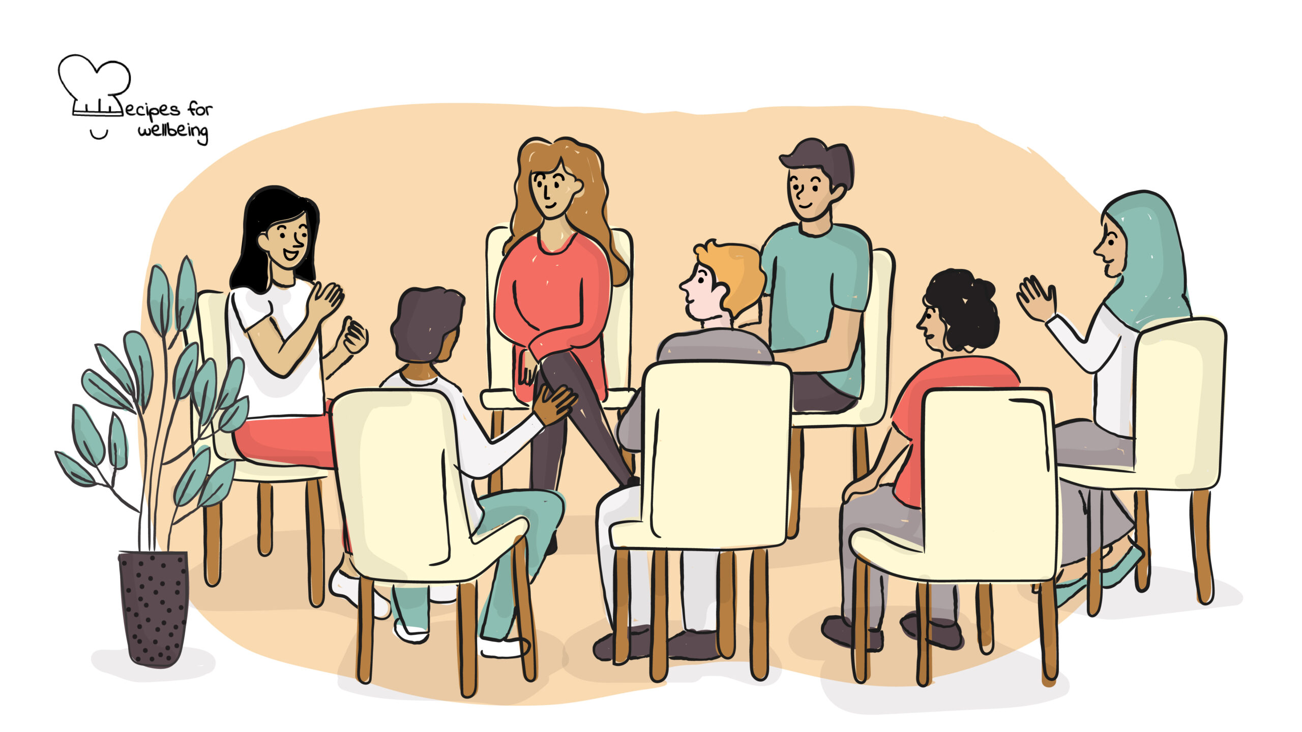 Council circle Illustration of a group of people sitting in a circle talking to each other. © Recipes for Wellbeing