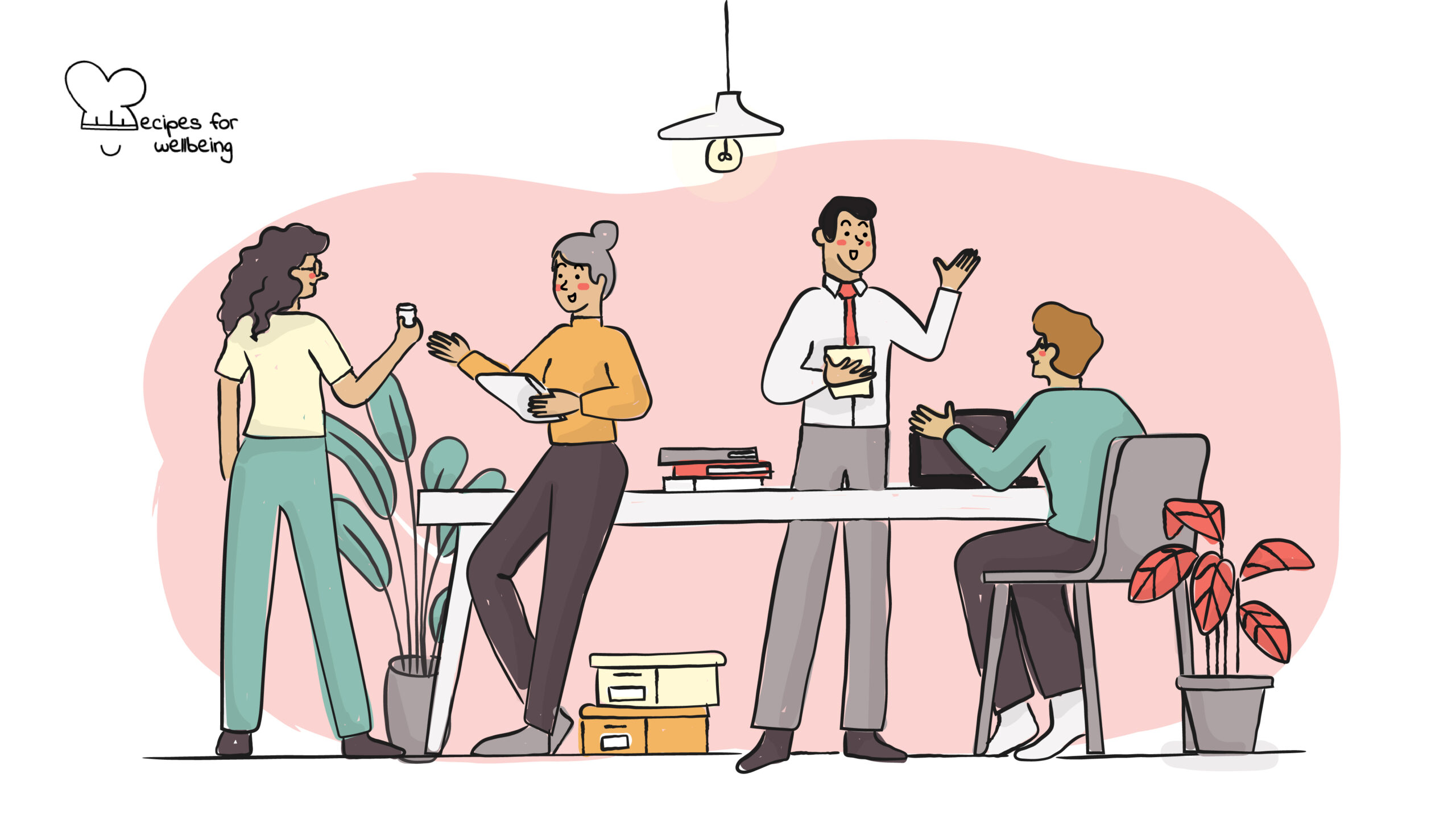 Creating the right work spaces Illustration of a group of people talking to each other in an office setting. © Recipes for Wellbeing