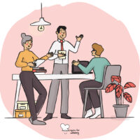 Illustration of a group of people talking to each other in an office setting. © Recipes for Wellbeing
