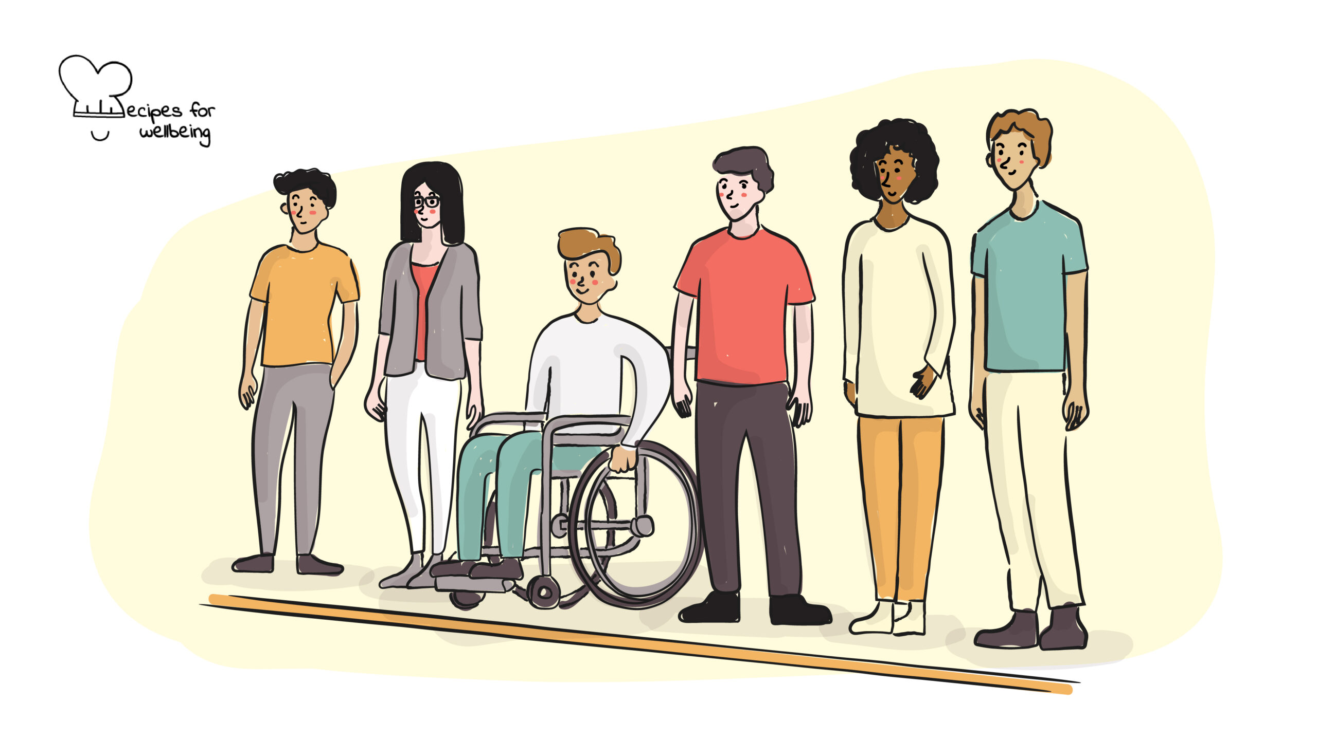 Crossing the line Illustration of a group of people standing next to each other behind a line. © Recipes for Wellbeing