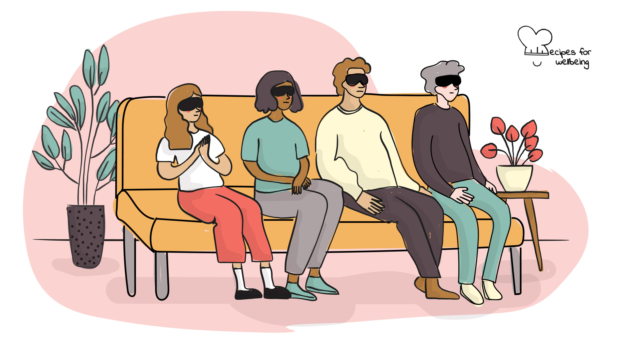 Dialogue in the dark Illustration of a group of people sitting on a couch blindfolded. © Recipes for Wellbeing
