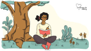 Dialogues with Nature Illustration of a person sitting on the grass next to a tree with a journal in their hands. © Recipes for Wellbeing
