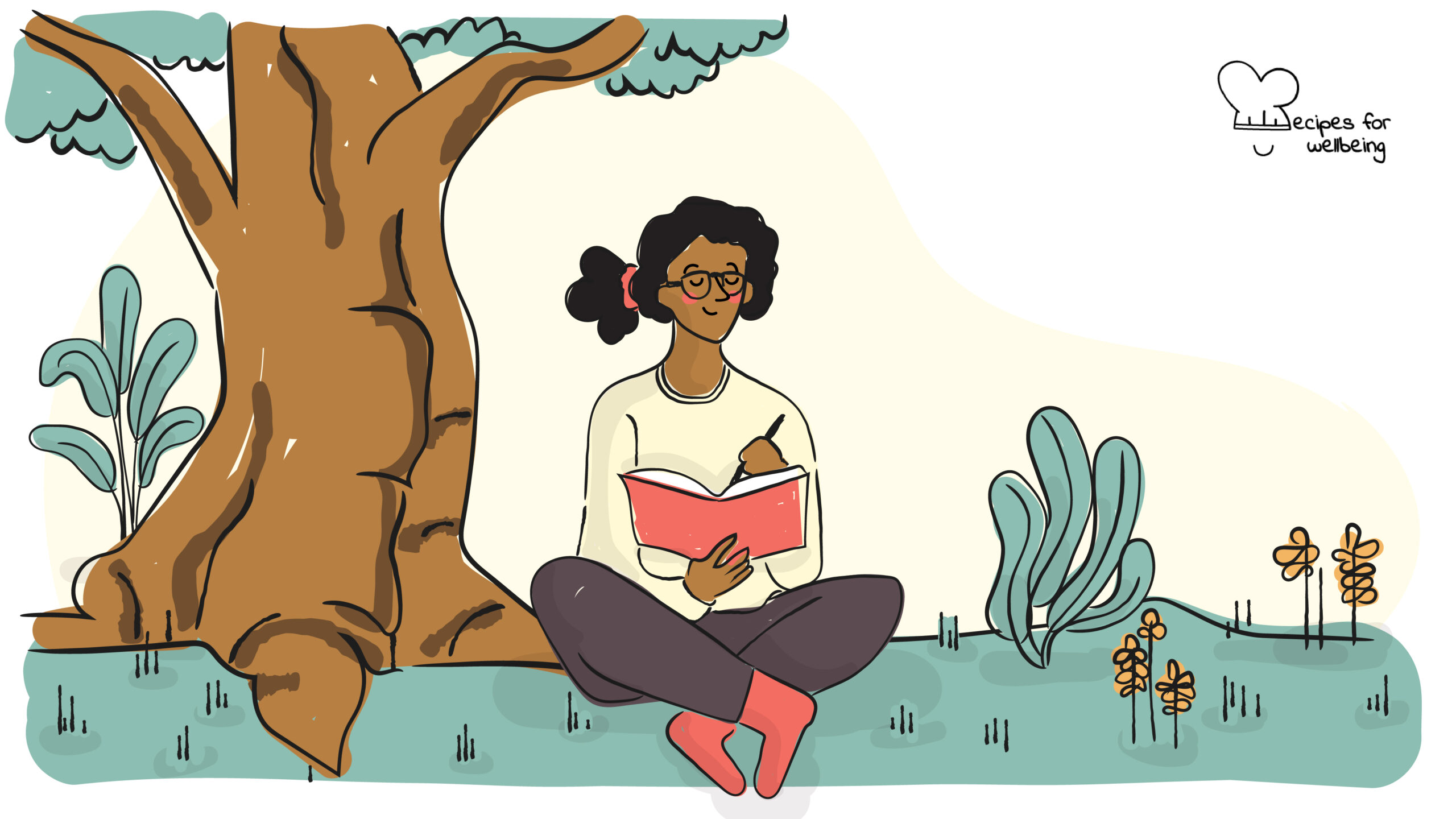 Dialogues with Nature Illustration of a person sitting on the grass next to a tree with a journal in their hands. © Recipes for Wellbeing