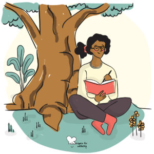 Dialogues with Nature Illustration of a person sitting on the grass next to a tree with a journal in their hands. © Recipes for Wellbeing