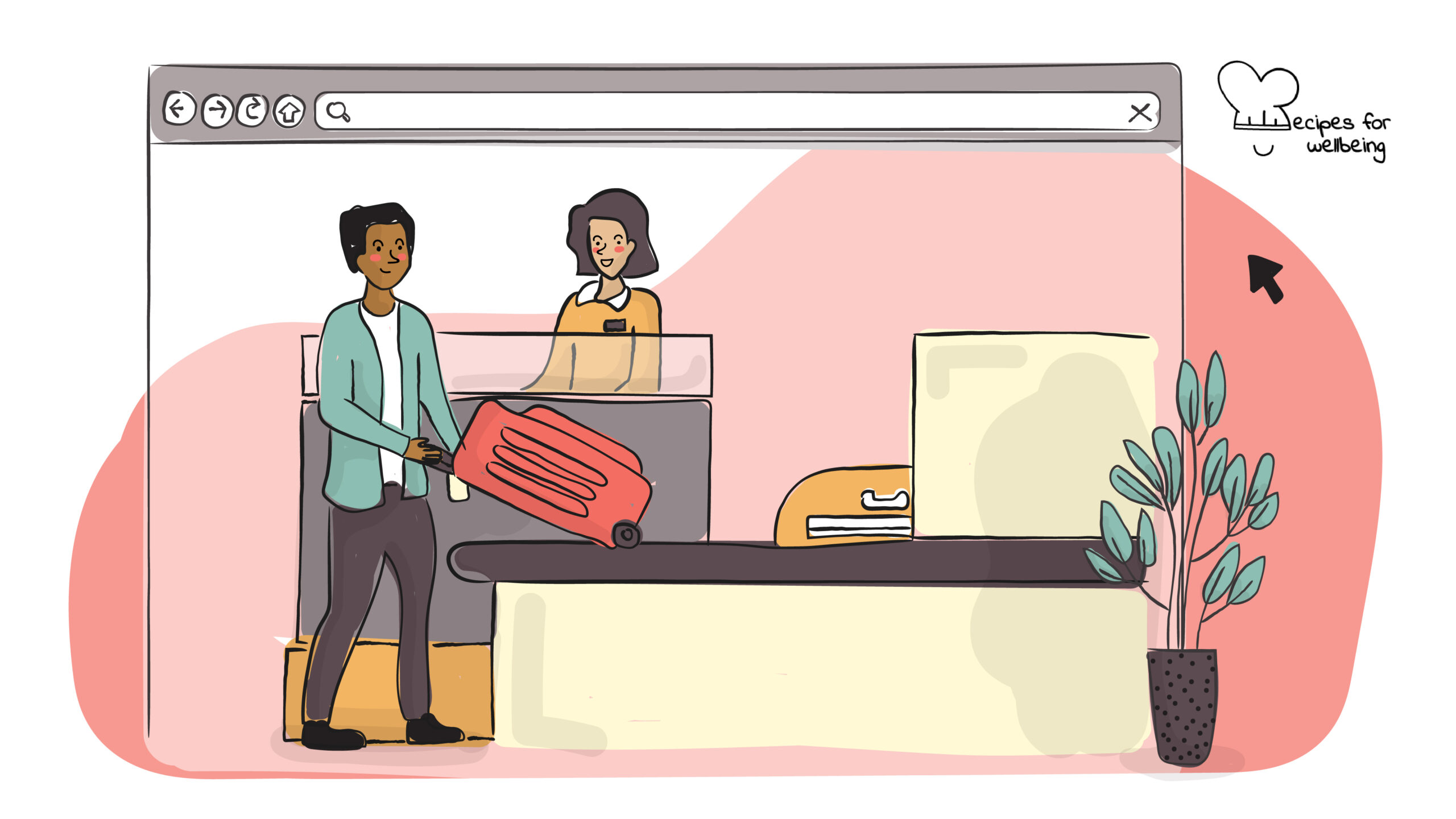 Digital check-ins Illustration of a traveller at a check-in counter leaving their luggage behind. © Recipes for Wellbeing