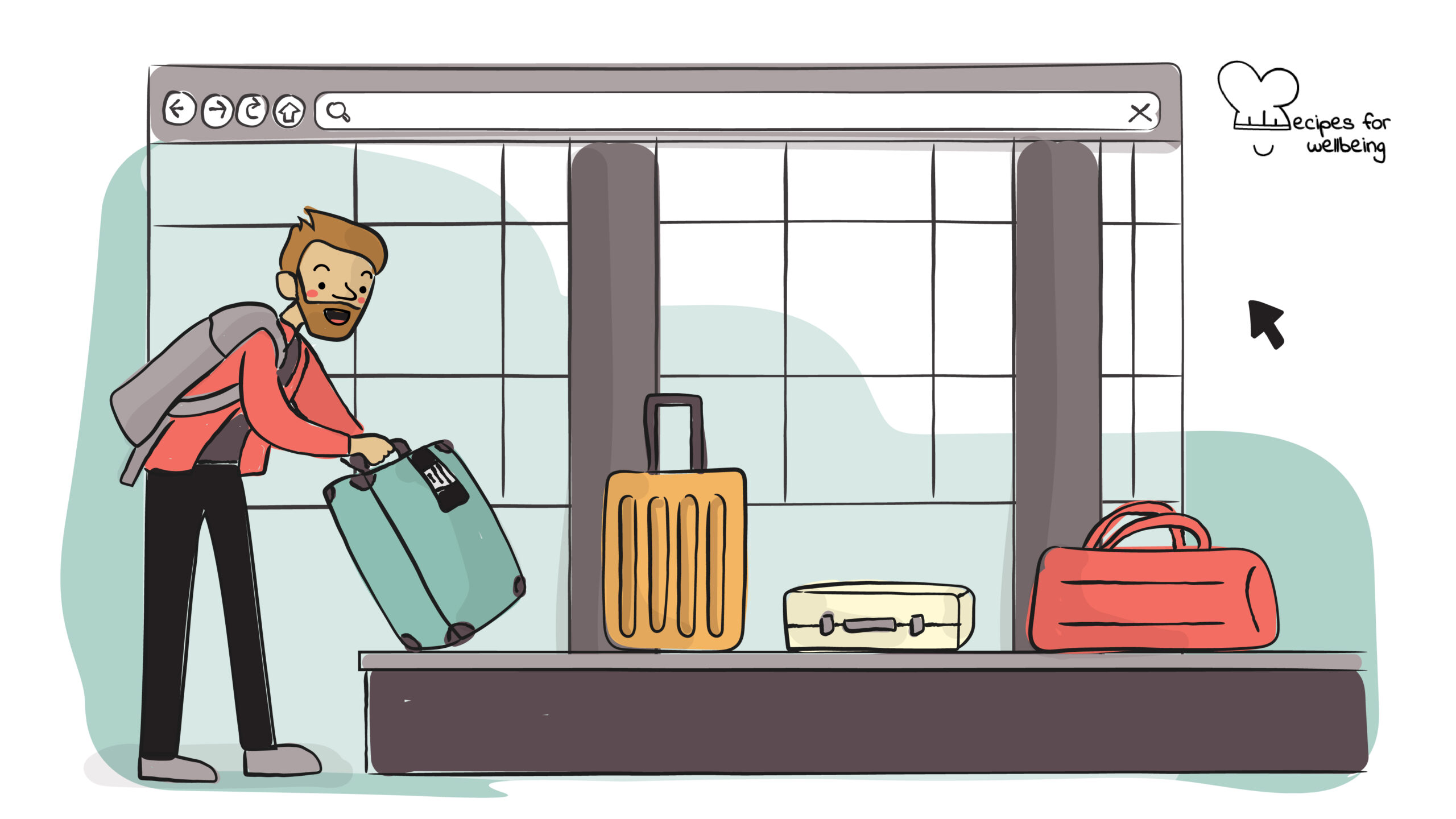 Digital check-outs Illustration of a traveller picking up their luggage at the baggage belt. © Recipes for Wellbeing