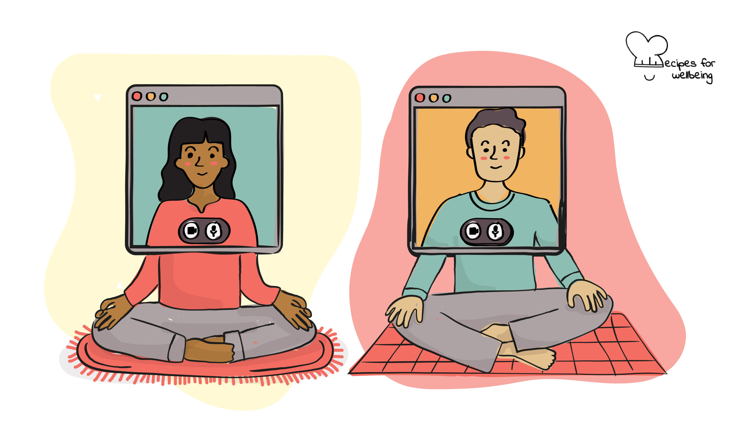 Digital eye gazing meditation Illustration of two people connecting online and gazing at each other. © Recipes for Wellbeing
