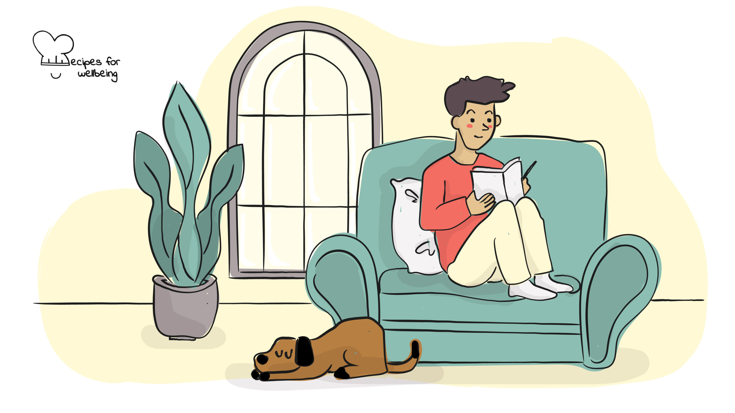 Drop the to-do list guilt Illustration of a person sitting on a couch journalling and a dog resting on the floor. © Recipes for Wellbeing