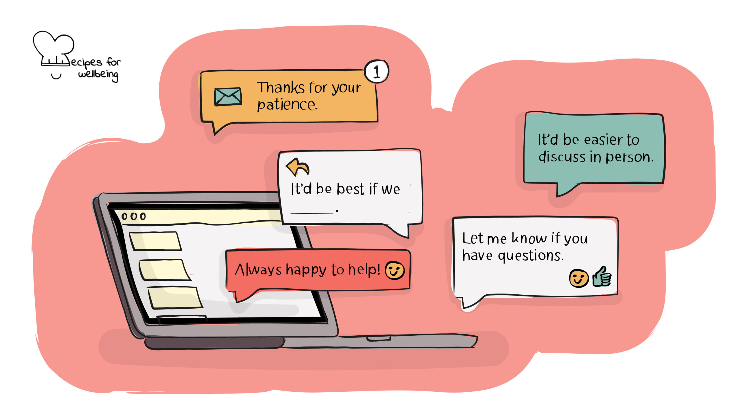 Email like a boss Illustration of a laptop and speech bubbles with email suggestions. © Recipes for Wellbeing