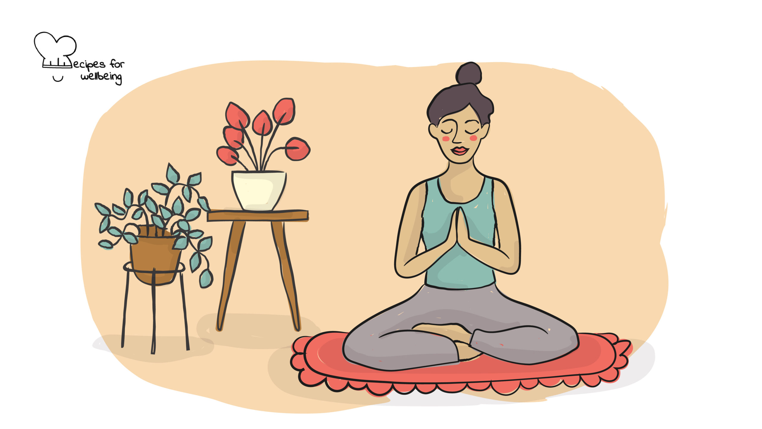 Embodied breathing meditation Illustration of a person sitting crossed legged on the floor in a meditative pose with the palms of the hands pressed against each other. © Recipes for Wellbeing