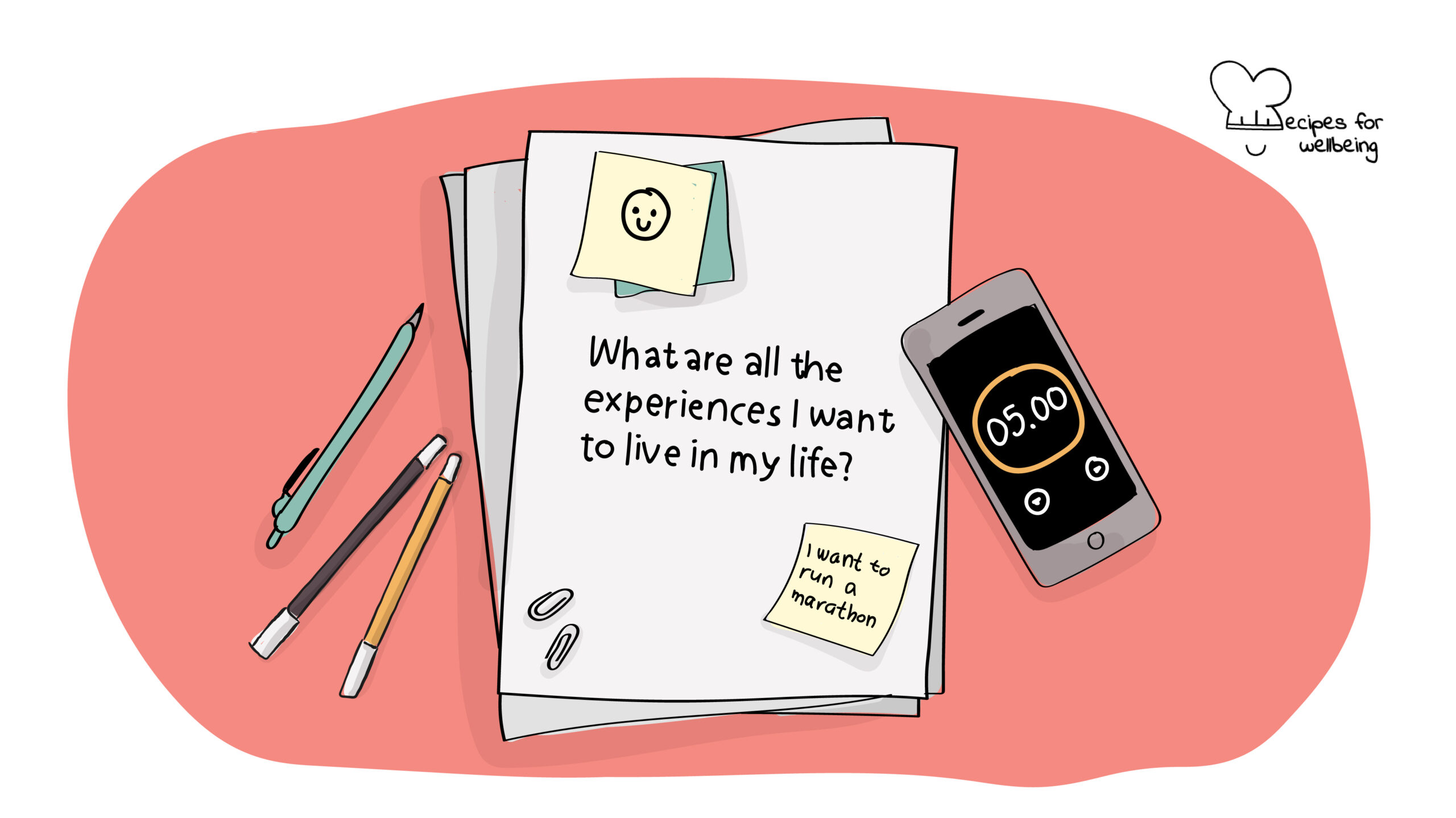 3 questions to discover your purpose Illustration of a few sheets of paper with pens and a phone with a timer on. © Recipes for Wellbeing