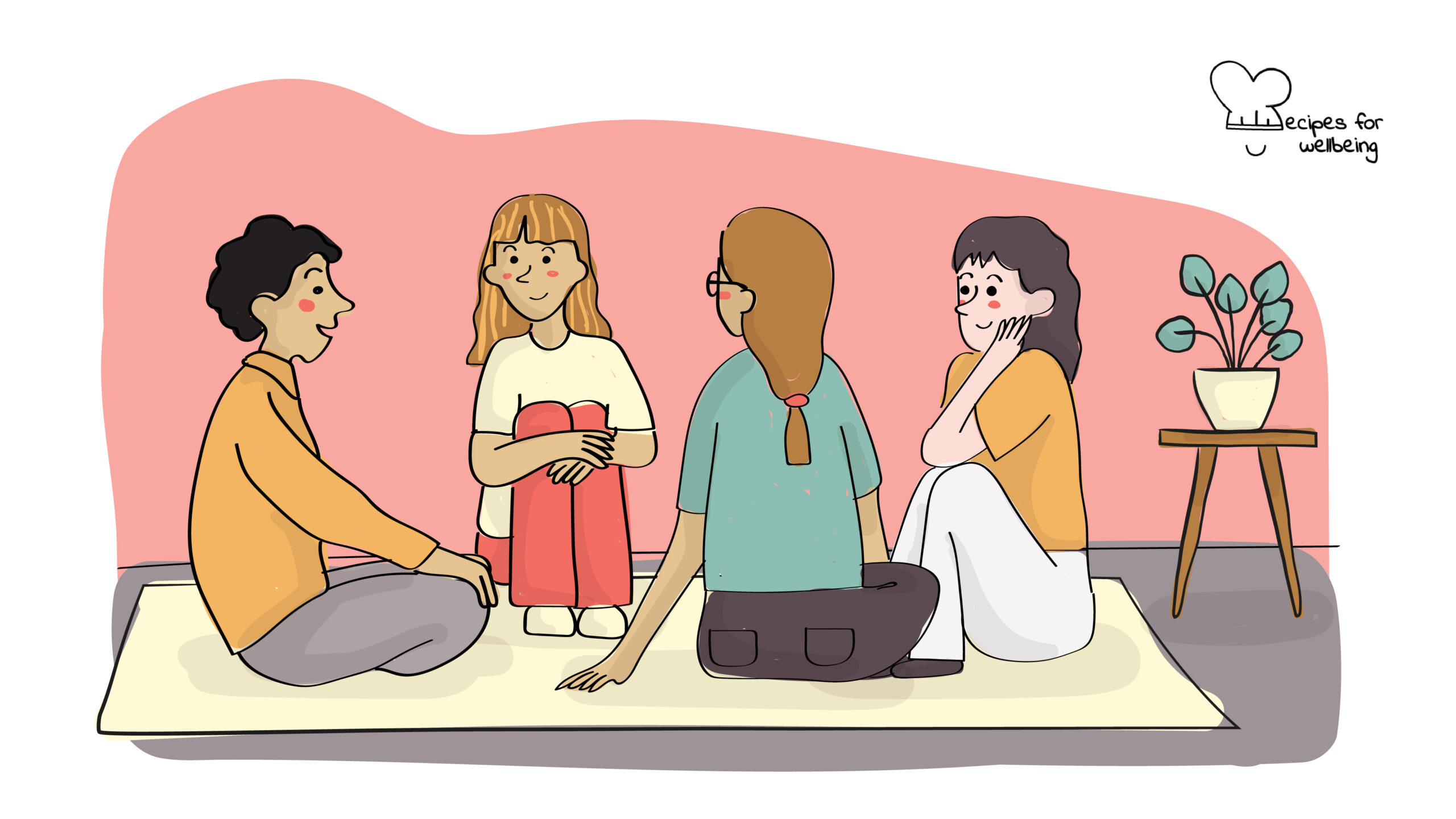 Empathic conversations Illustration of a group of people sitting on the floor talking to each other. © Recipes for Wellbeing