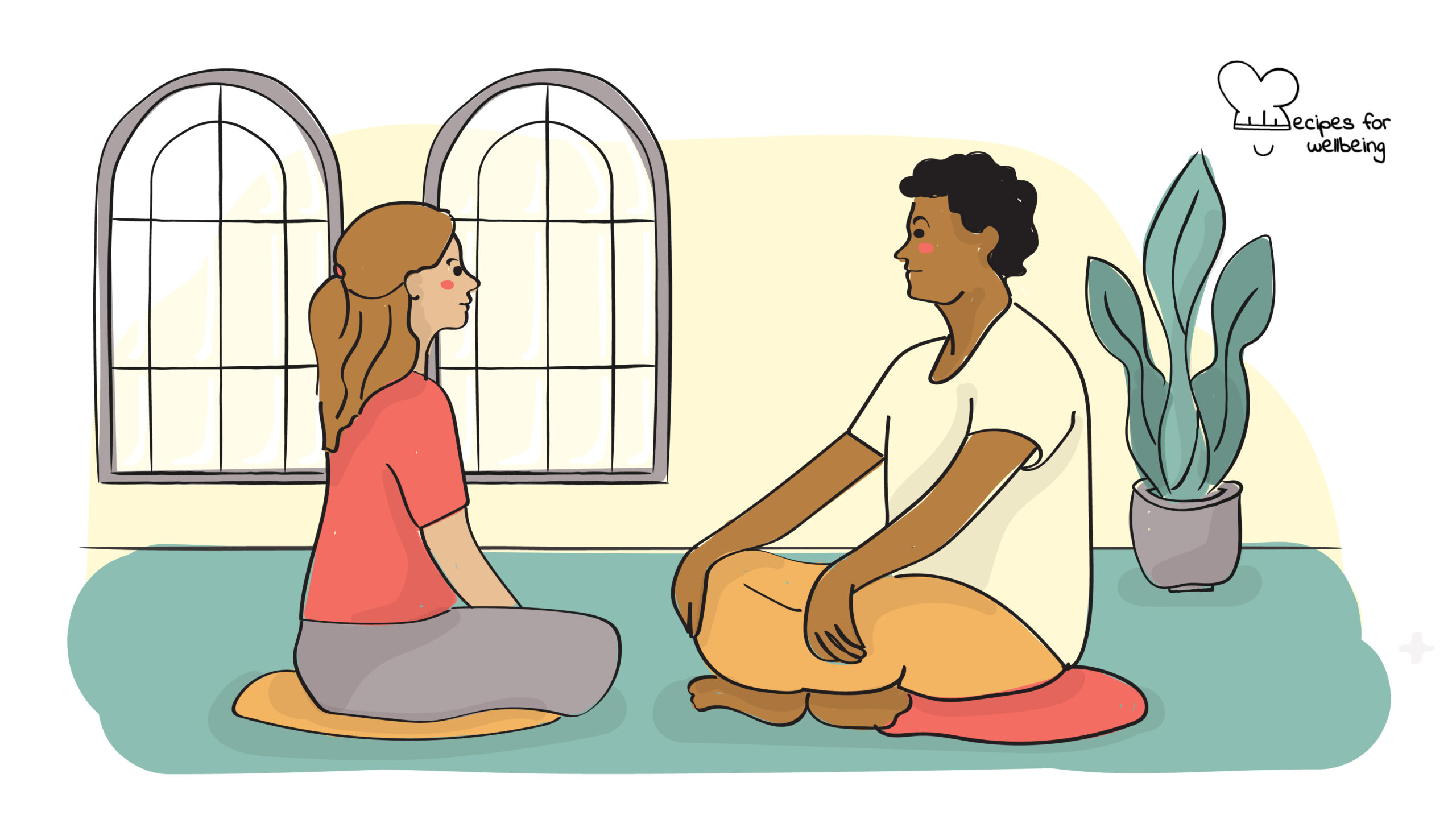 Eye gazing meditation Illustration of two people sitting in front of each other and gazing at each other. © Recipes for Wellbeing