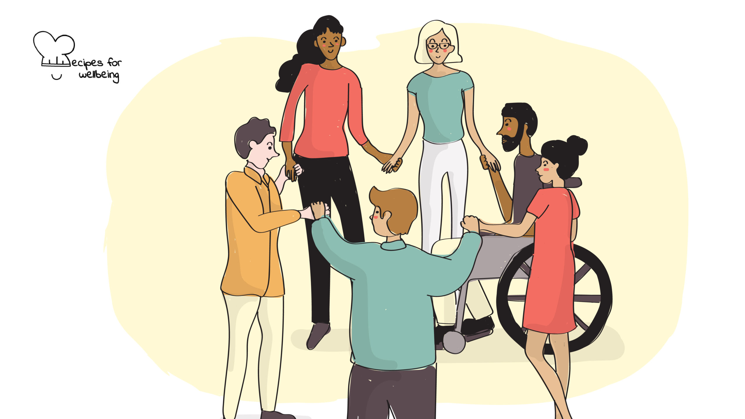 Giving and receiving circle Illustration of a group of people in a circle holding hands. © Recipes for Wellbeing