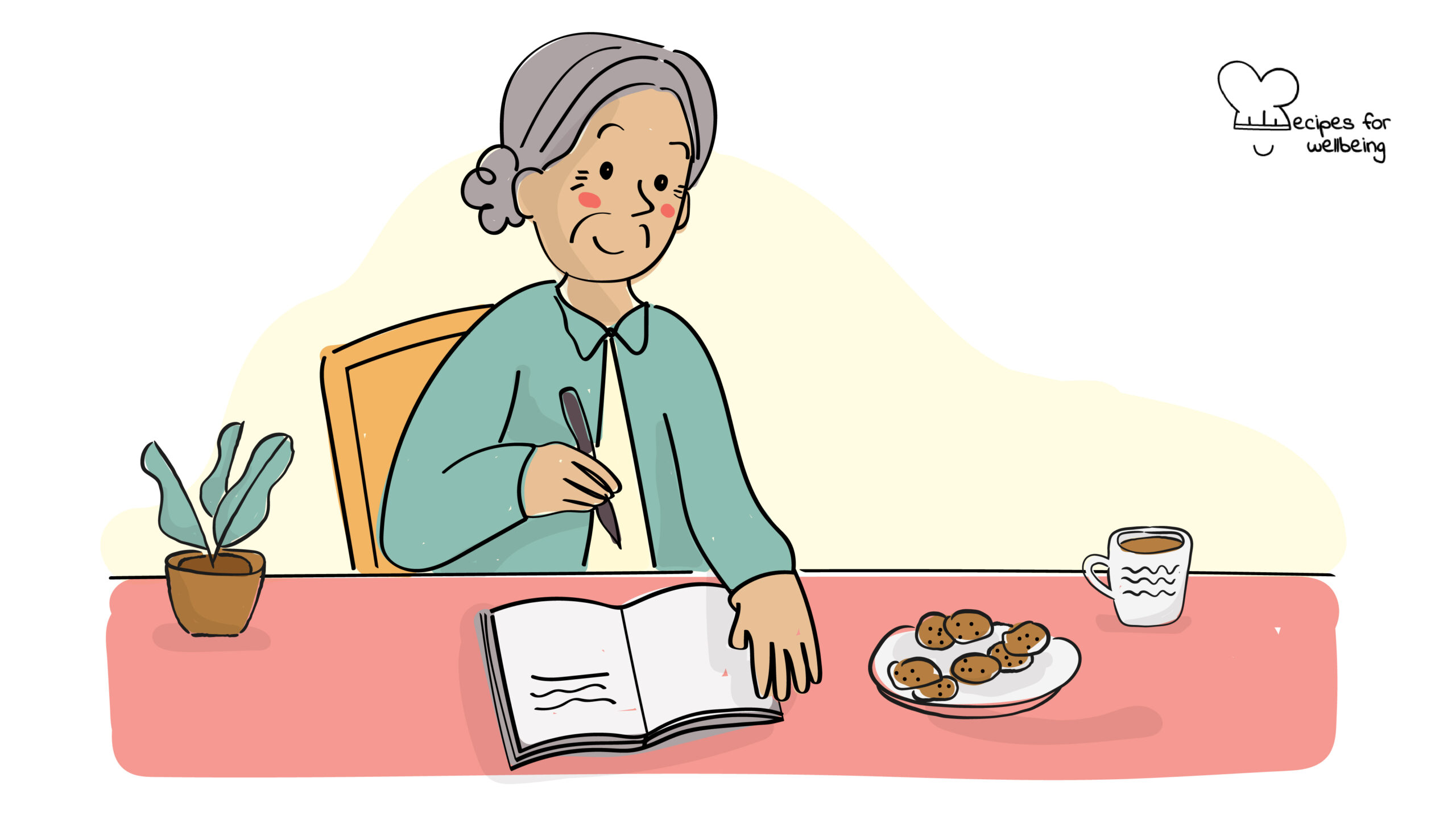 Gratitude journal Illustration of an elderly person writing on a journal. © Recipes for Wellbeing