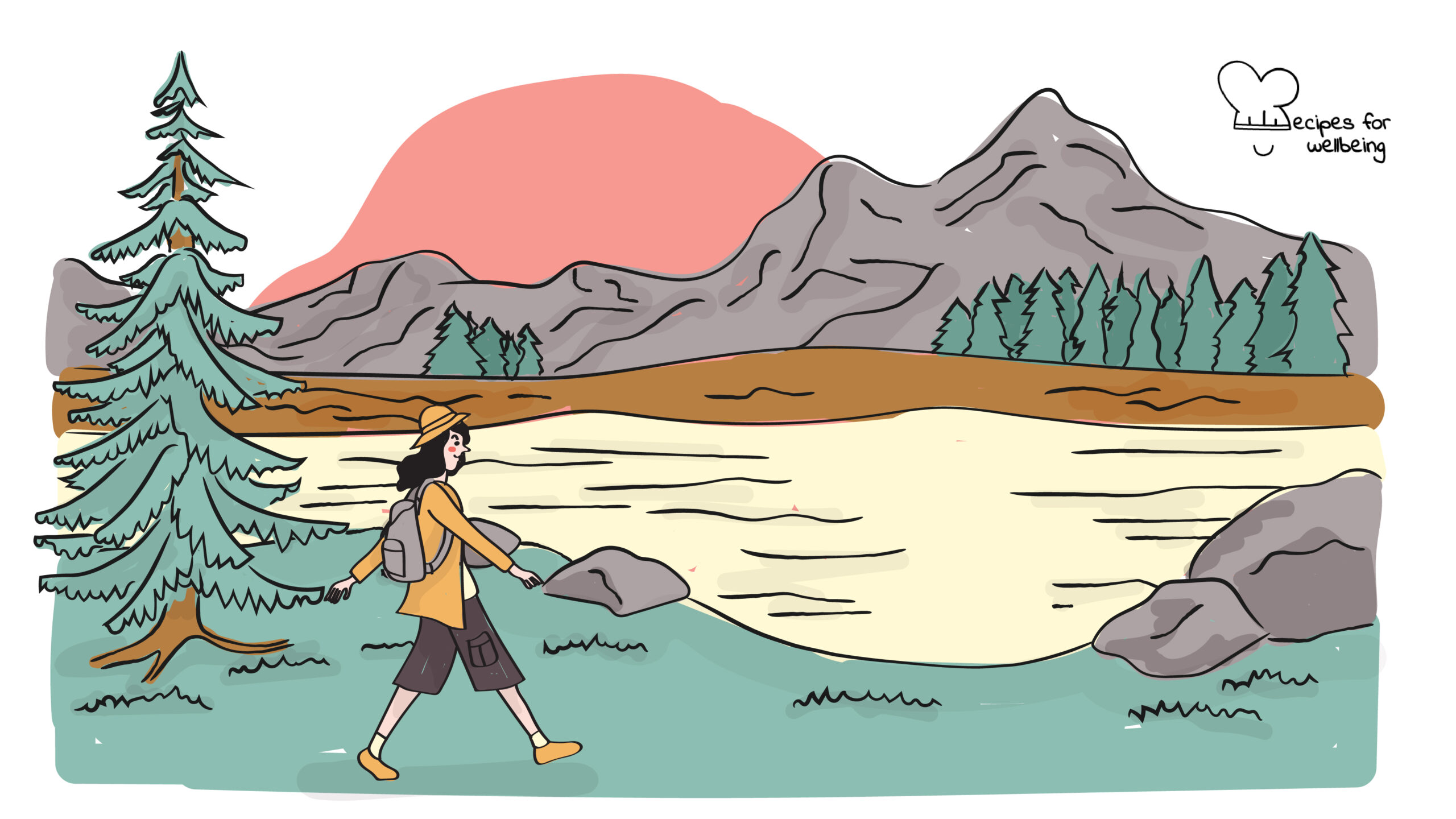 Gratitude walk Illustration of a Nature landscape with mountains and trees and a person walking. © Recipes for Wellbeing