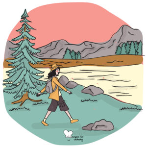 Gratitude walk Illustration of a Nature landscape with mountains and trees and a person walking. © Recipes for Wellbeing