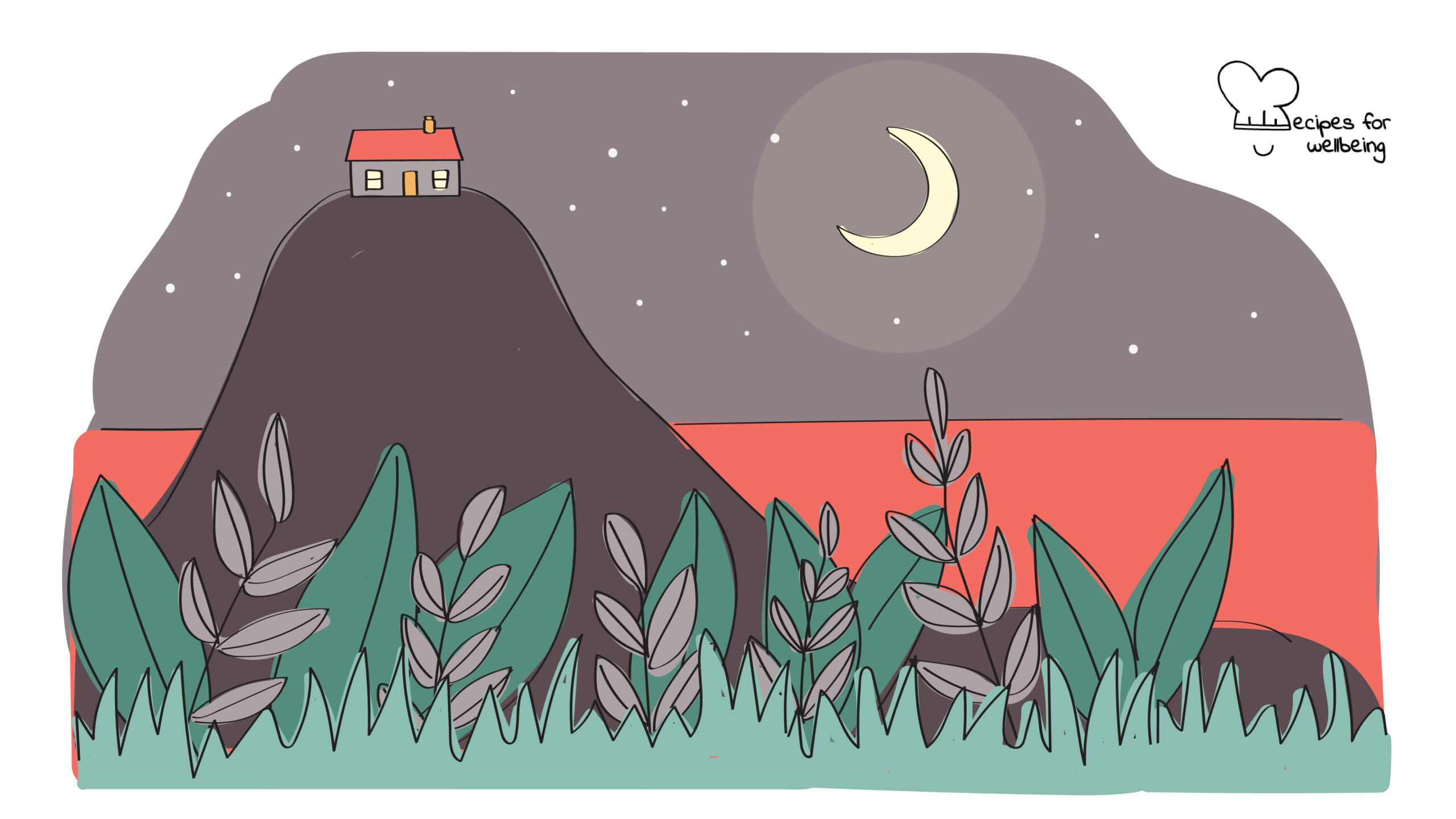 Guidance from within Illustration of a house on top of a hill at night. © Recipes for Wellbeing