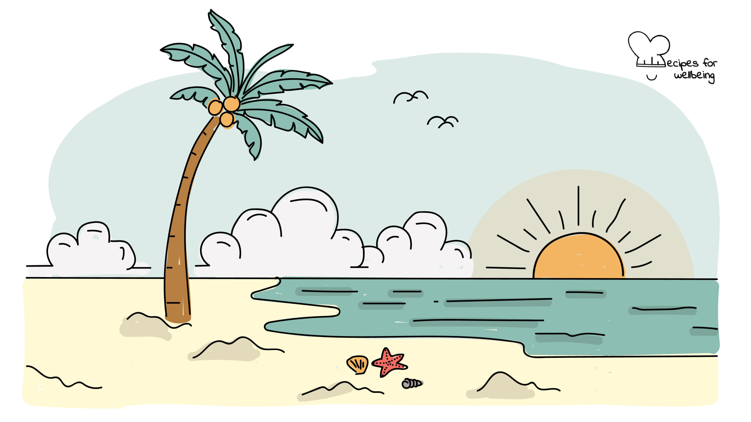 Hardwiring happiness Illustration of a beach landscape with a palm tree and the sun over the horizon. © Recipes for Wellbeing