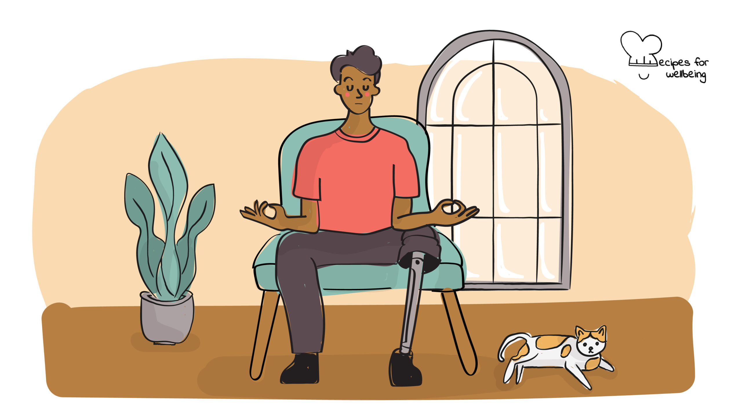 Heart-breathing meditation Illustration of a person with a prosthetic leg sitting on a chair in a meditative pose. © Recipes for Wellbeing