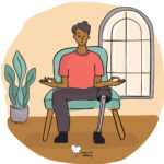 Heart-breathing meditation Illustration of a person with a prosthetic leg sitting on a chair in a meditative pose. © Recipes for Wellbeing