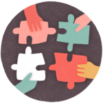 Team wellbeing icon Illustrated icon for organisational wellbeing with four hands holding four different pieces of a puzzle.